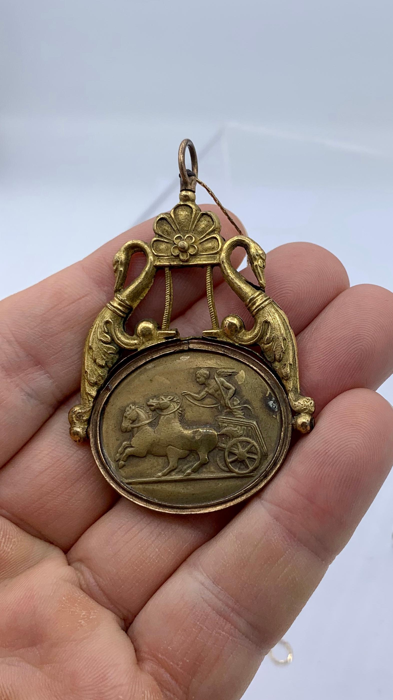 Georgian Cherub Angel Riding Chariot Swan Bird Pendant Necklace Neoclassical Antique For Sale