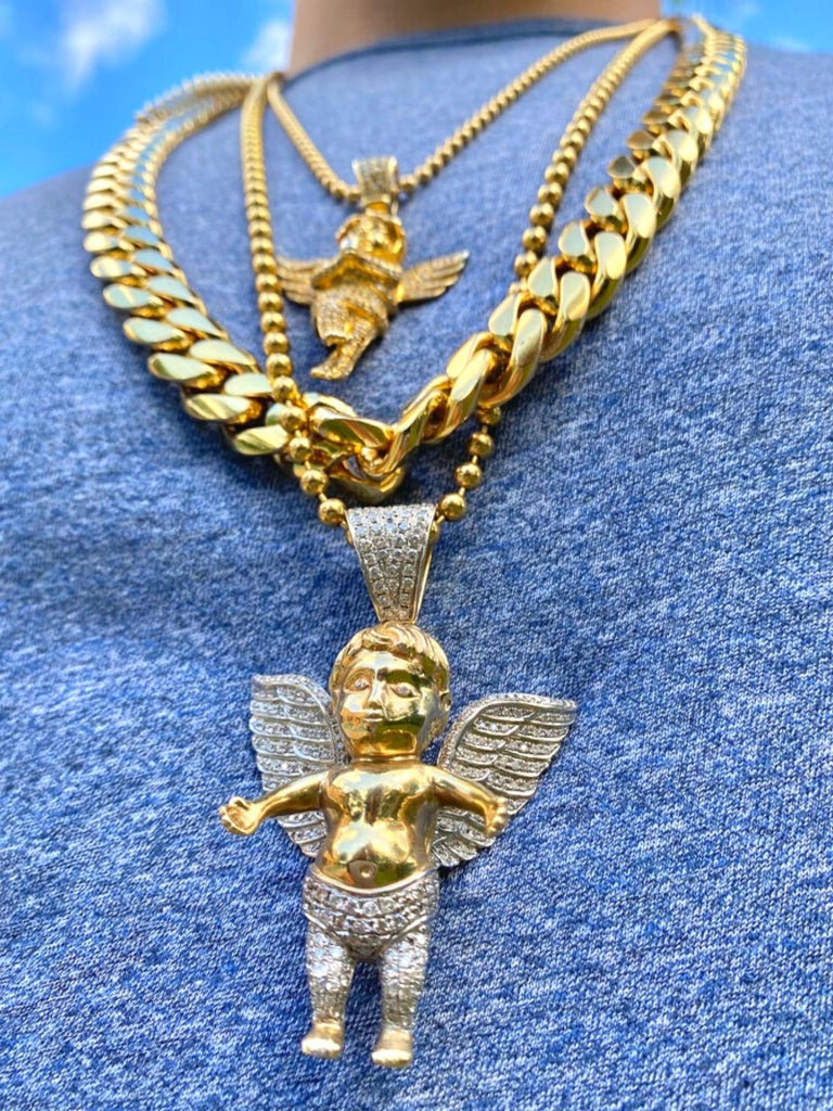 Breloque Pendentif Or Jaune 10k Avec Ange Priant Et Diamant 0,15 Ct - Neuf Avec étiquettes