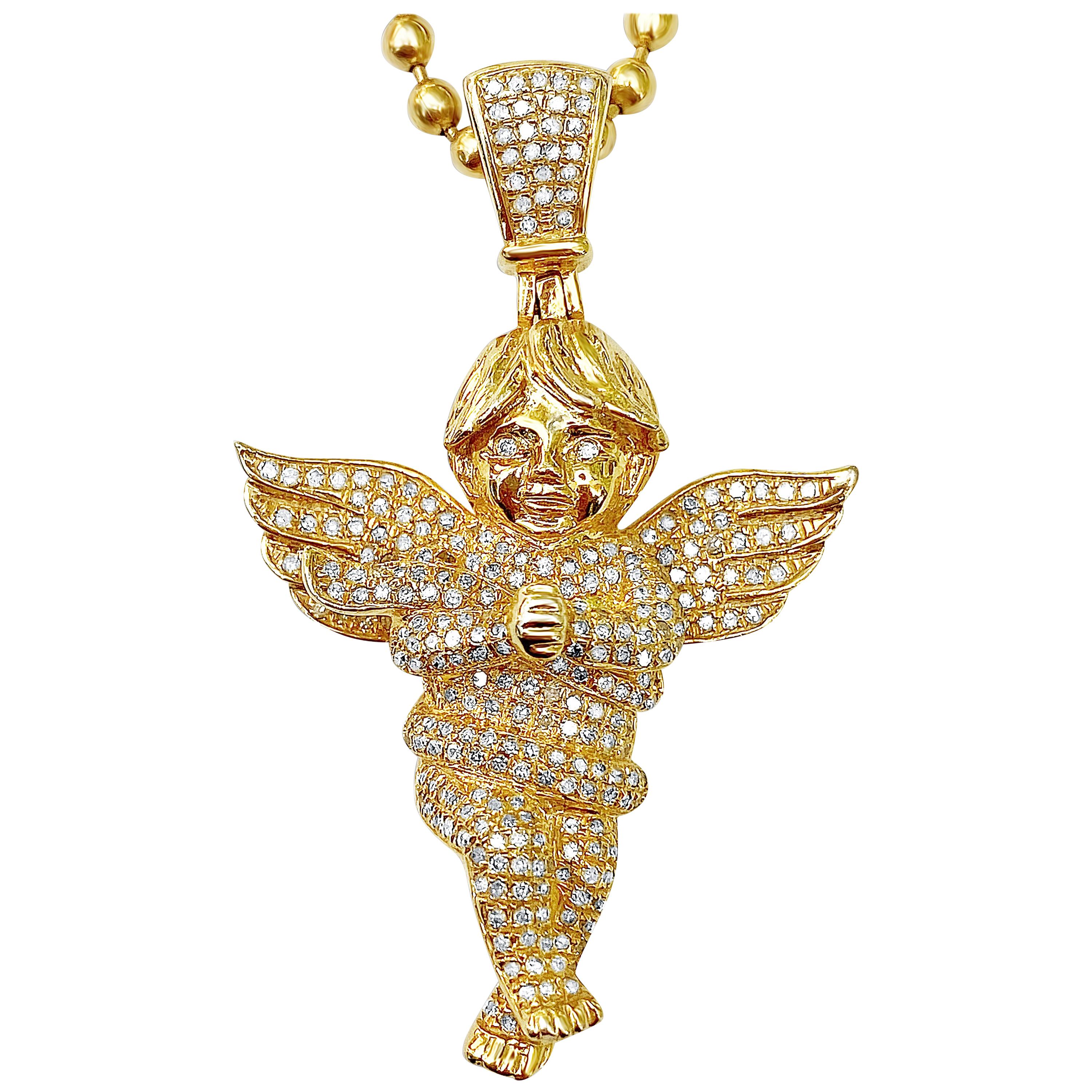 "Cherub" Baby Angel Motif Diamond and 10K Yellow Gold Rosary Christian Pendant For Sale