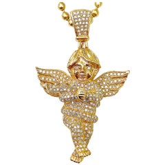 "Cherub" Baby Angel Motif Diamond and 10K Yellow Gold Rosary Christian Pendant