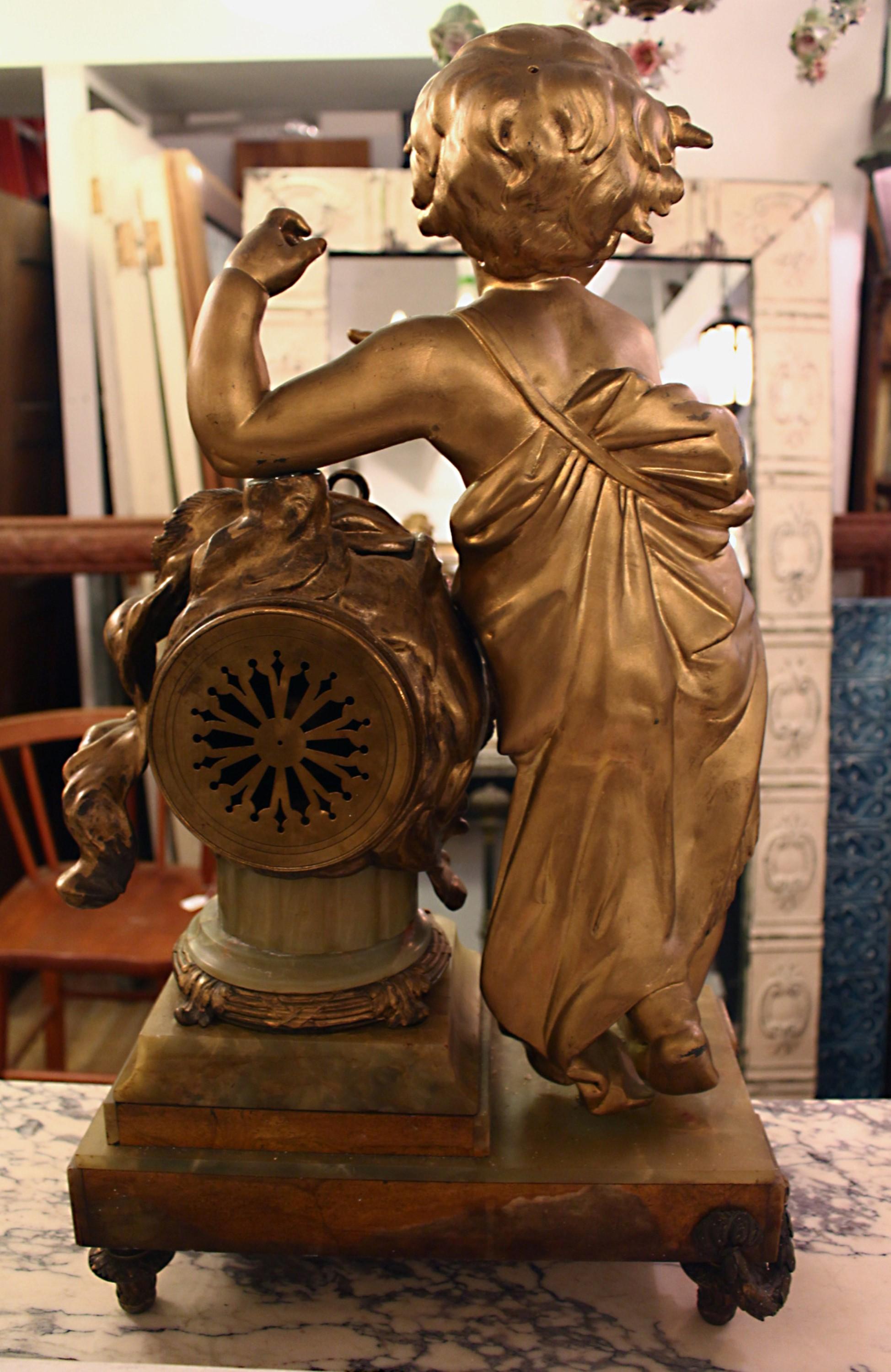 French Cherub Bronze Mantel Clock with Onyx Base For Sale