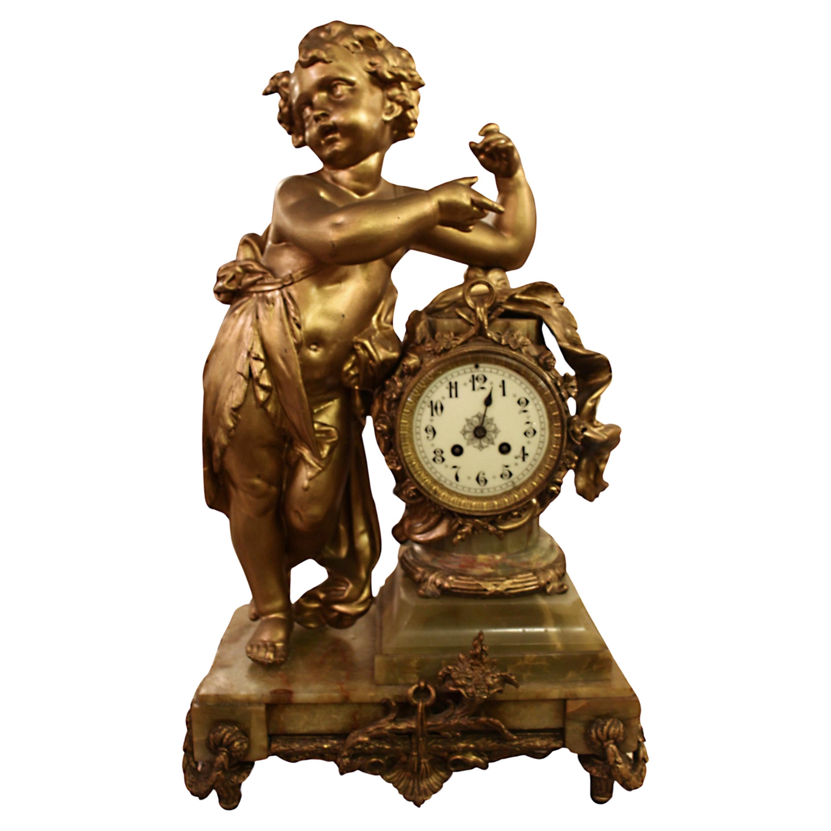 Cherub Bronze Mantel Clock with Onyx Base For Sale