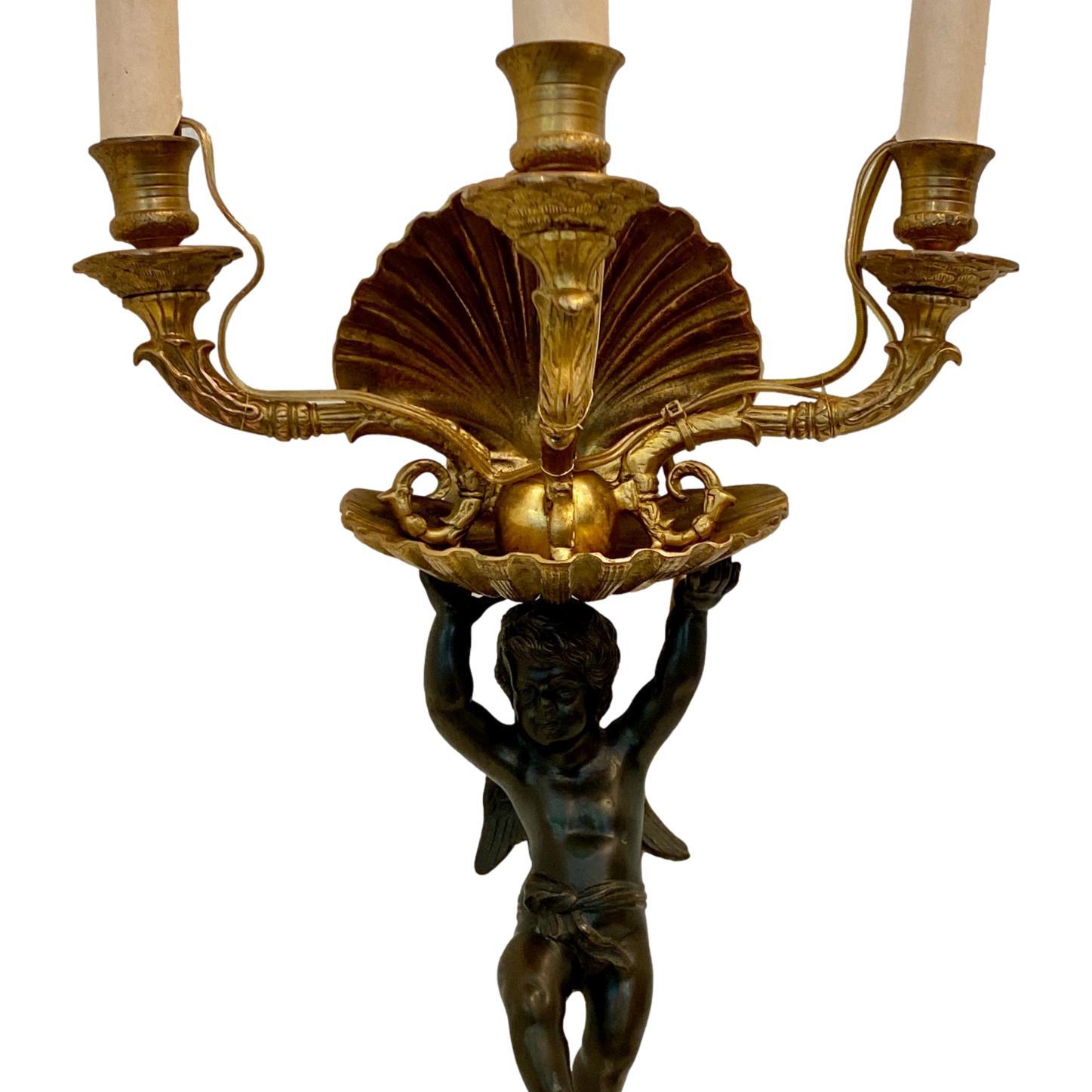 A circa 1900 gilt bronze electrified candelabra with cherub and shell motif.

Measurements:
 Total Height: 21