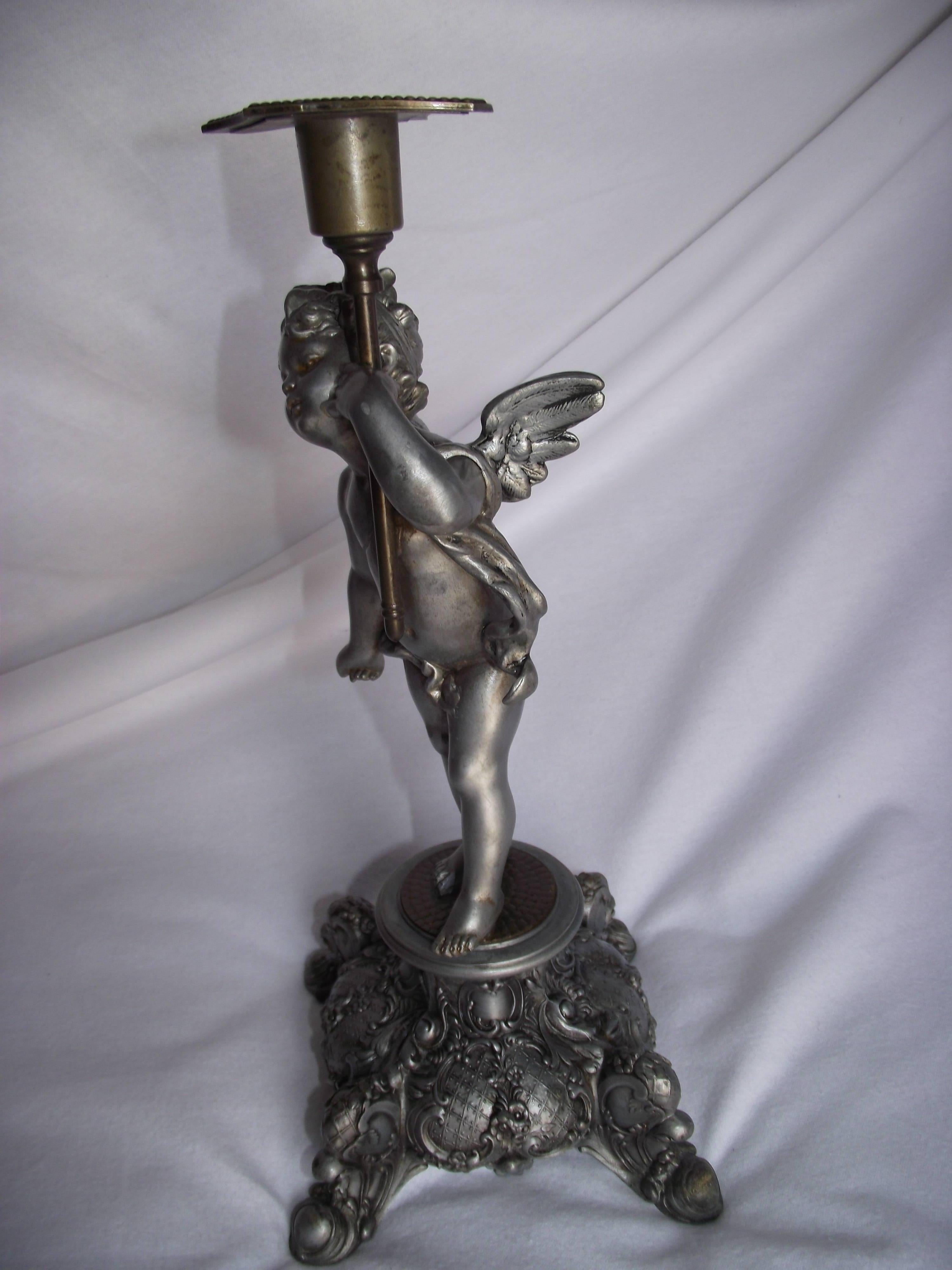Renaissance Cherub Candleholder, Pewter Finished White Metal and Brass Candlestick For Sale