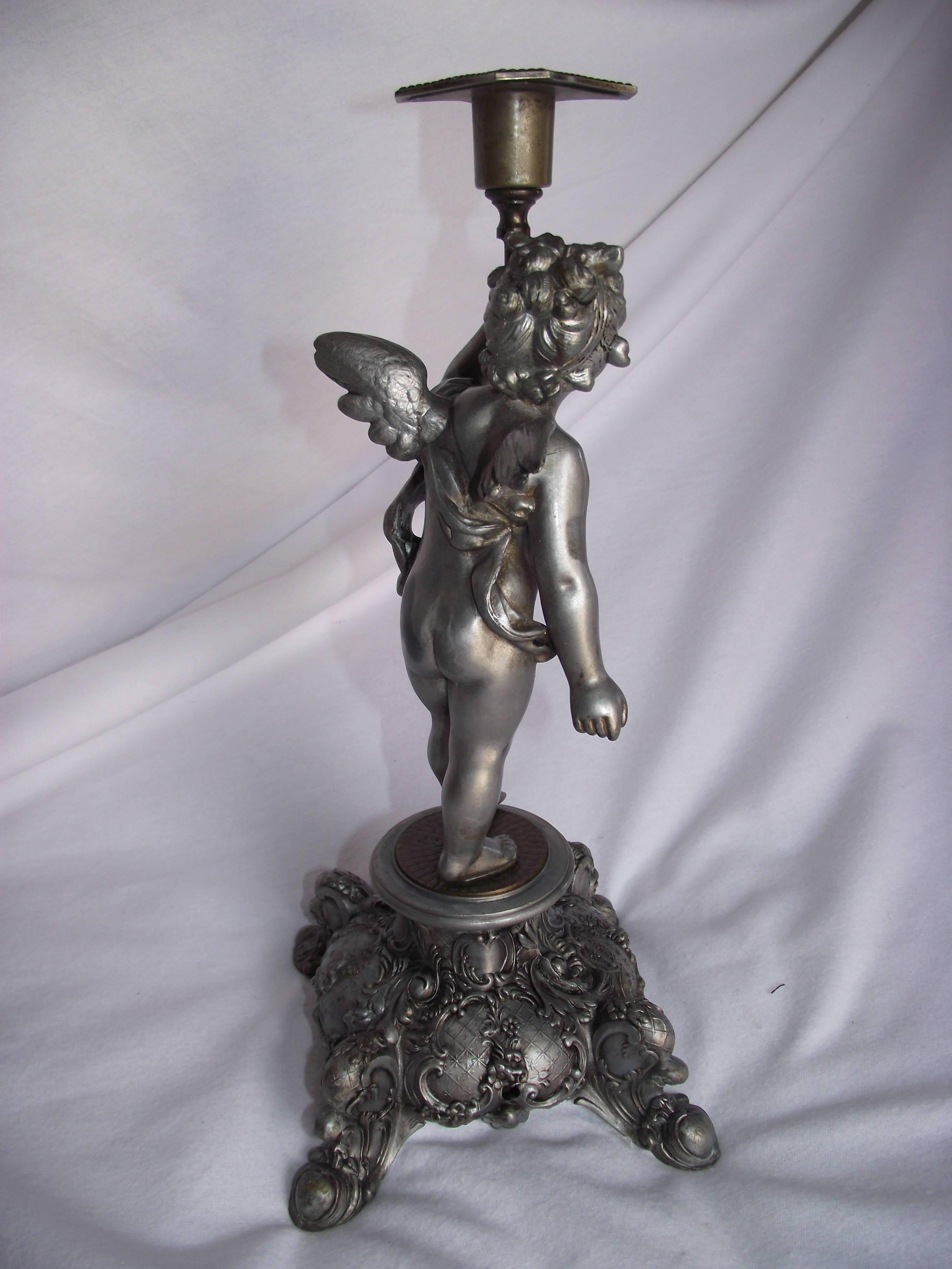 Cherub Candleholder, Pewter Finished White Metal and Brass Candlestick In Good Condition For Sale In Harrisburg, PA