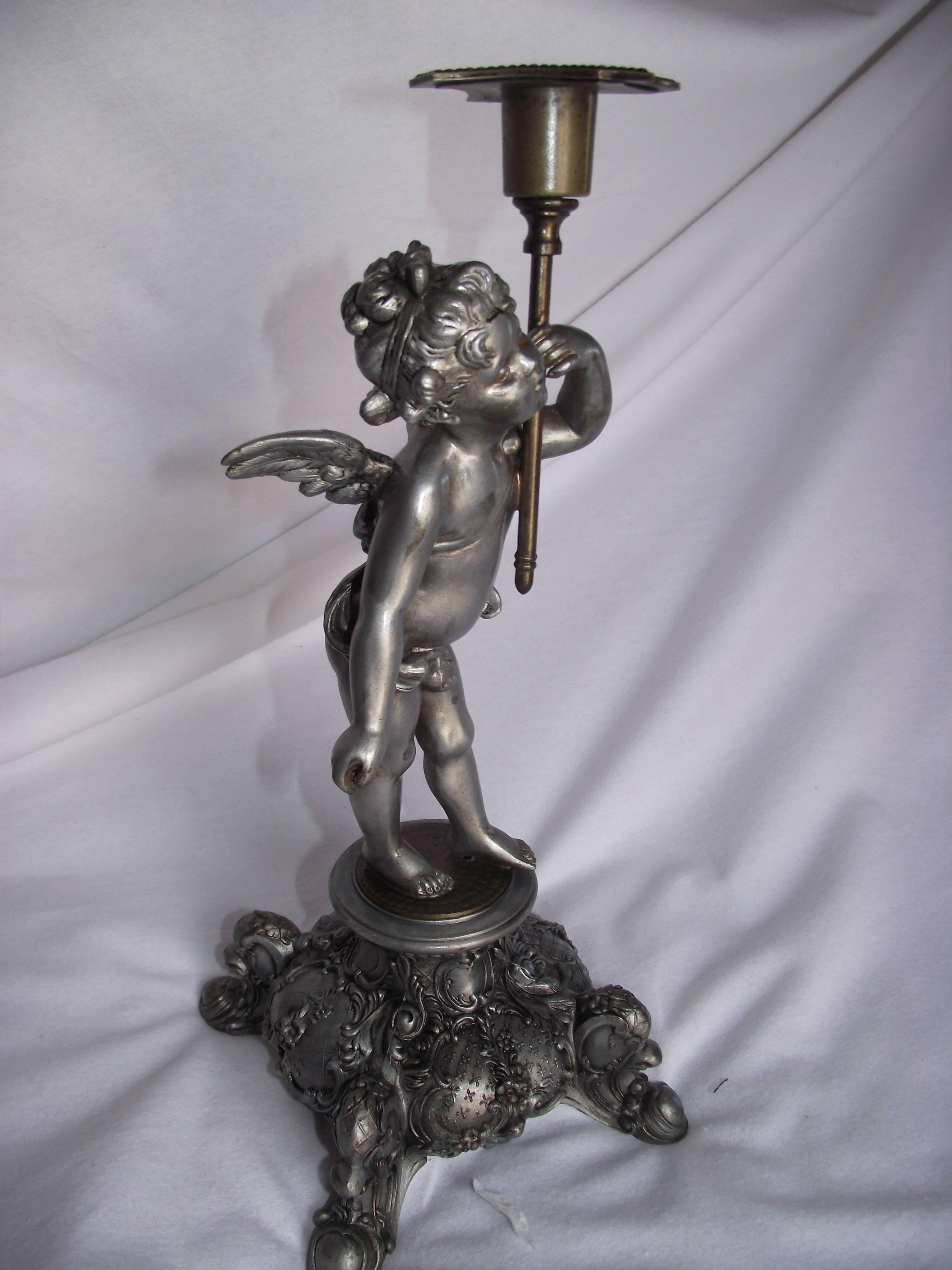 Late 19th Century Cherub Candleholder, Pewter Finished White Metal and Brass Candlestick For Sale