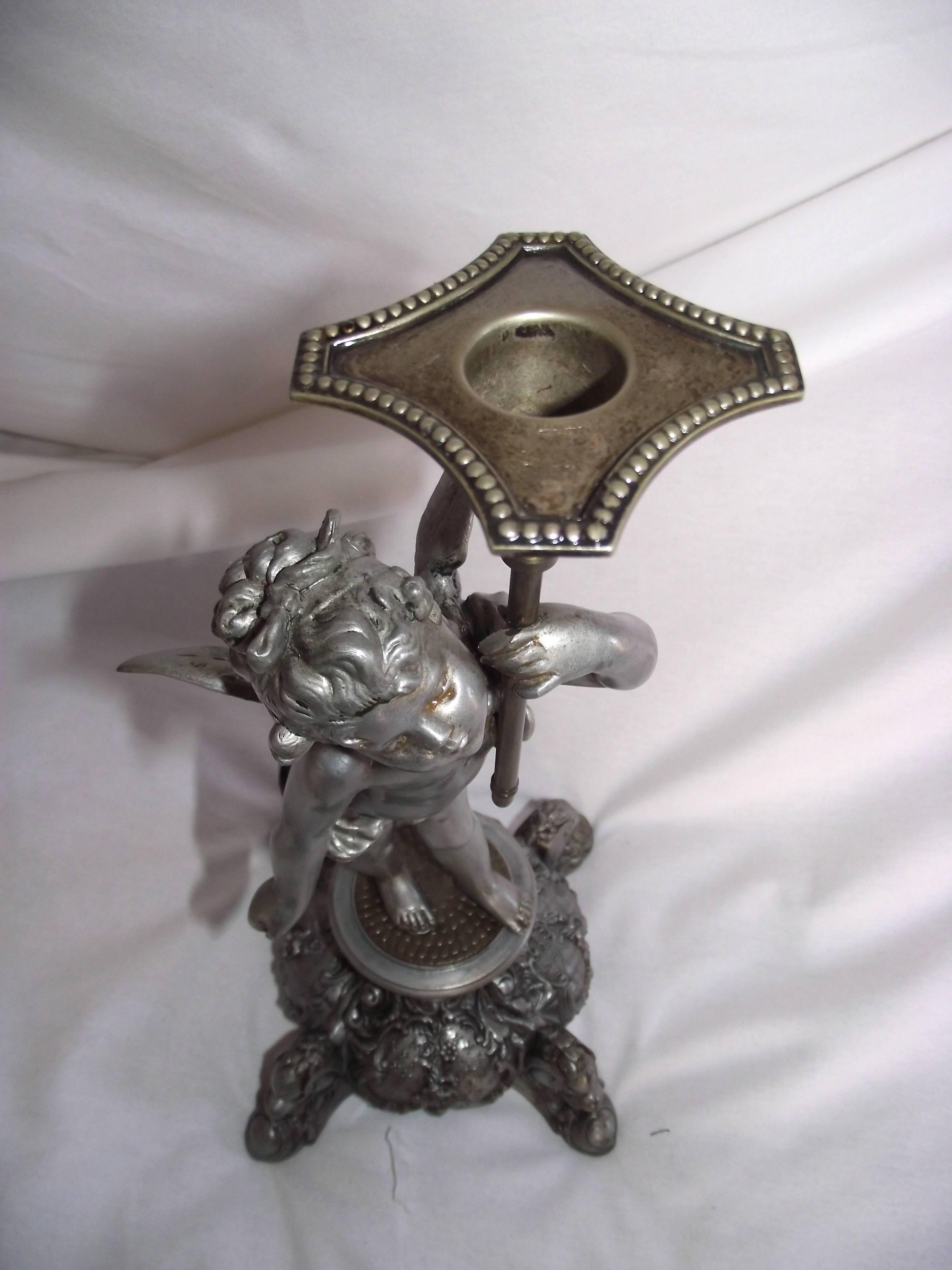 Cherub Candleholder, Pewter Finished White Metal and Brass Candlestick For Sale 1