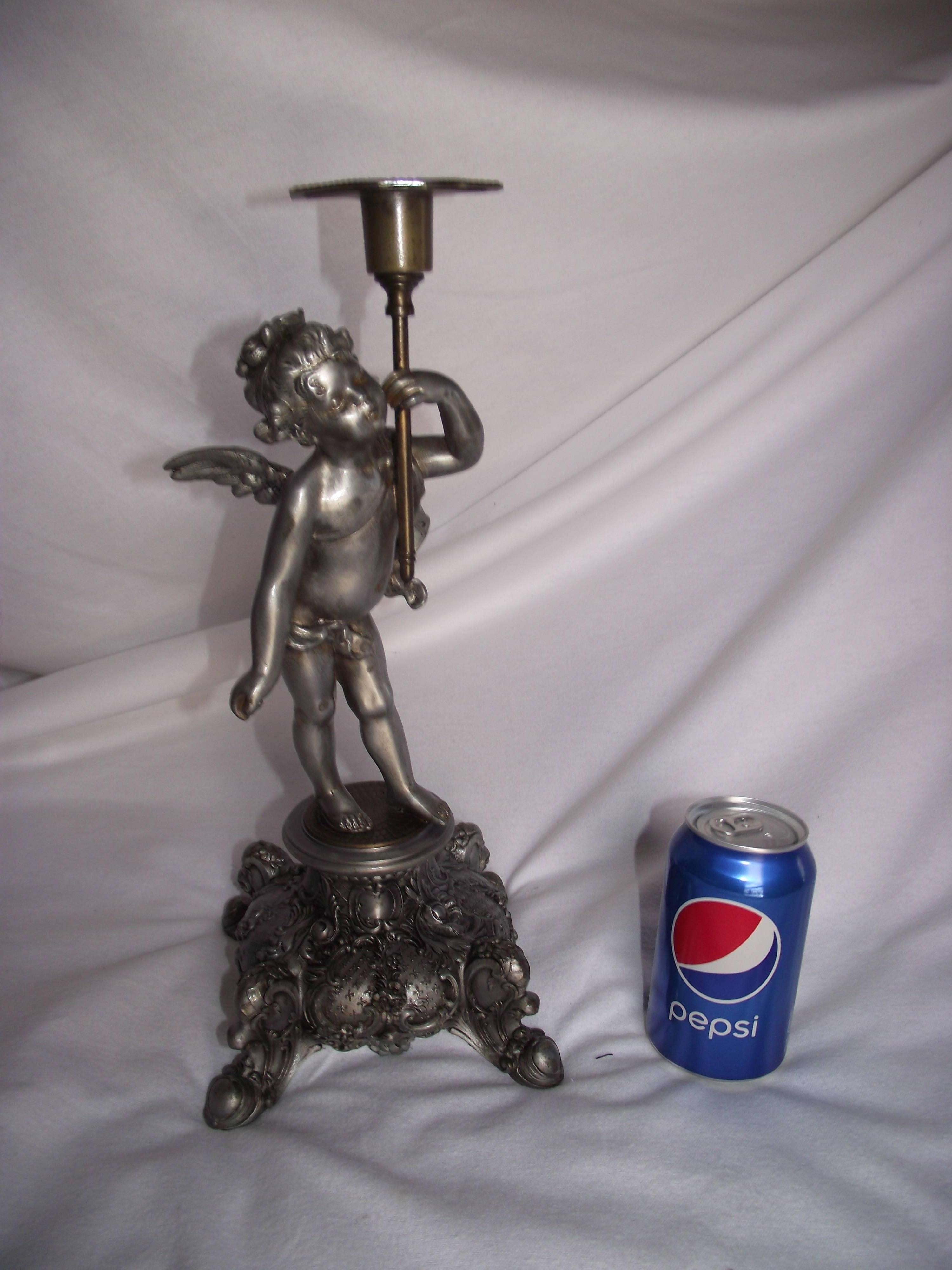 Cherub Candleholder, Pewter Finished White Metal and Brass Candlestick For Sale 2