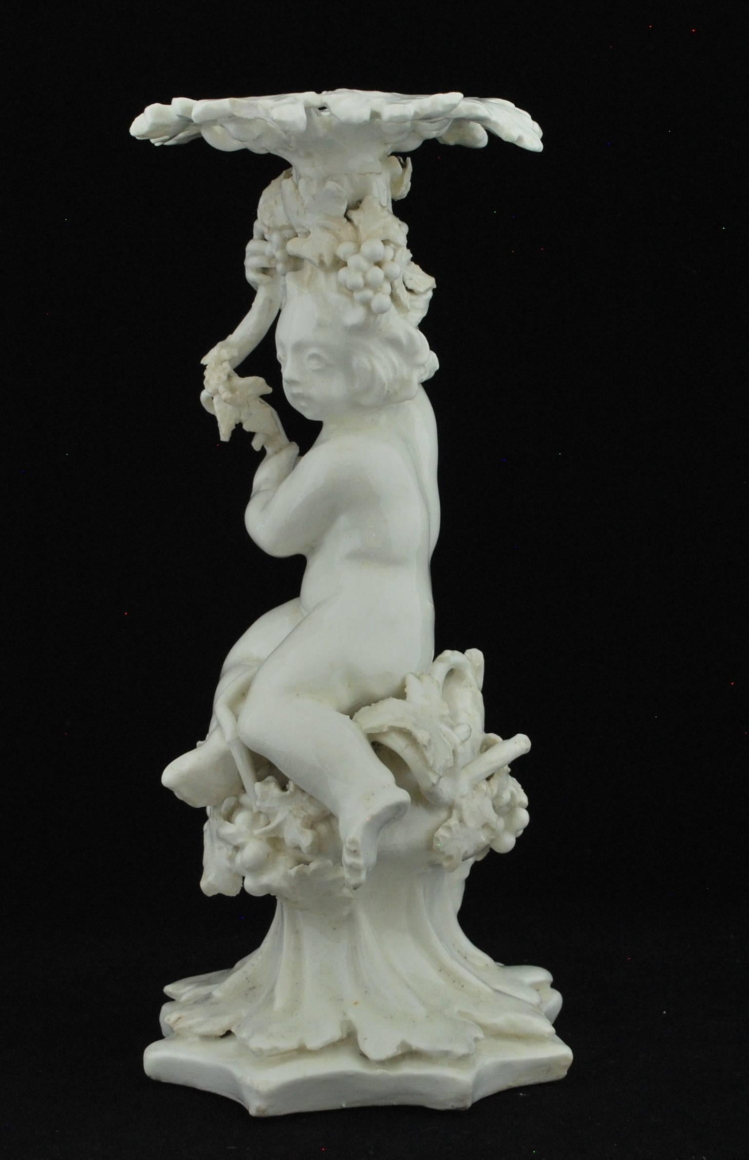 18th Century Cherub Candlestick, in the White, Bow Porcelain Factory, circa 1750 For Sale