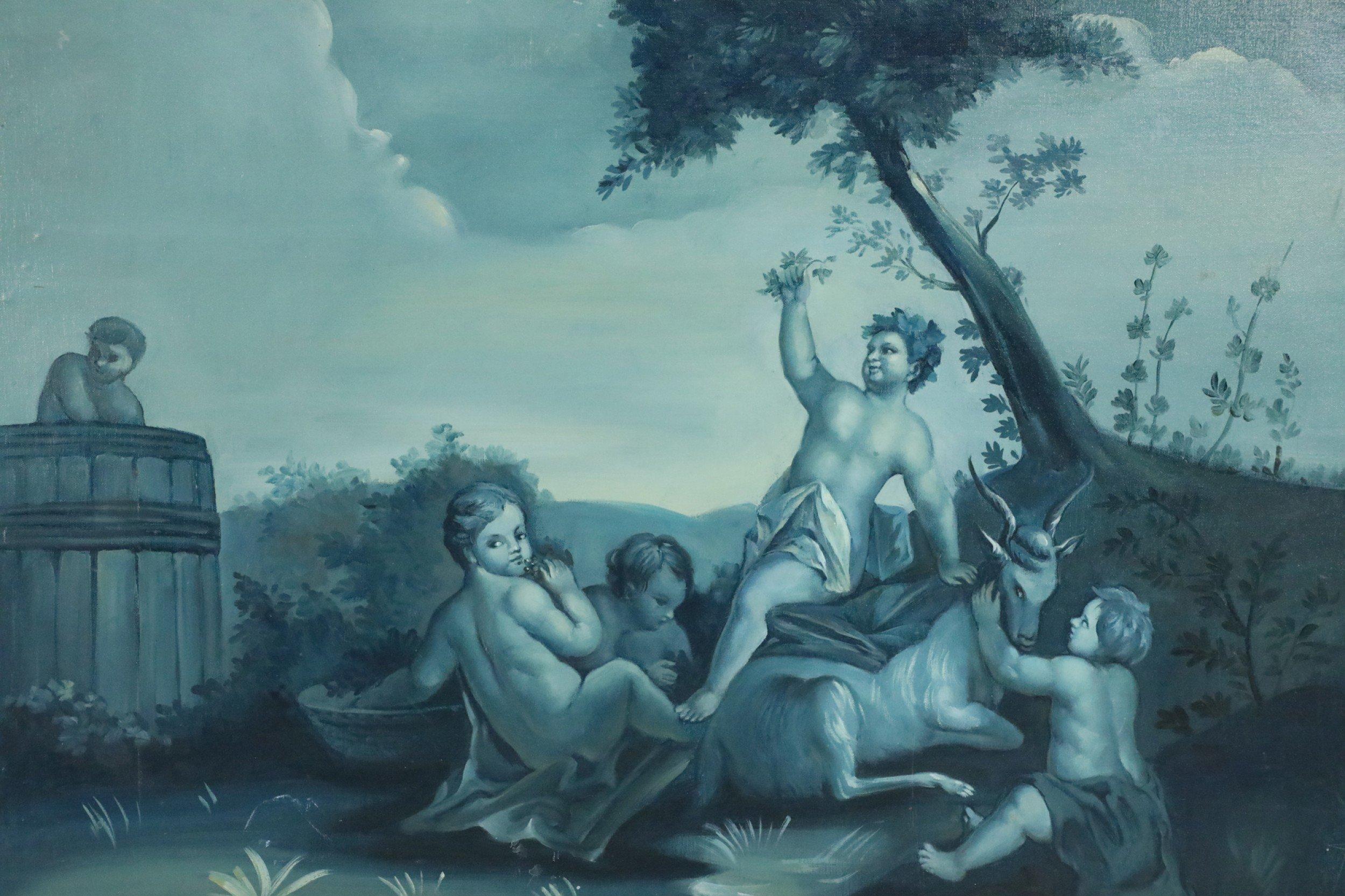 Italian Neo-classic style (20th Century) print of blue-toned cherubs gathering in a field and eating grapes with a horned animal, on MDF board.

Some water damage, scuffing.
