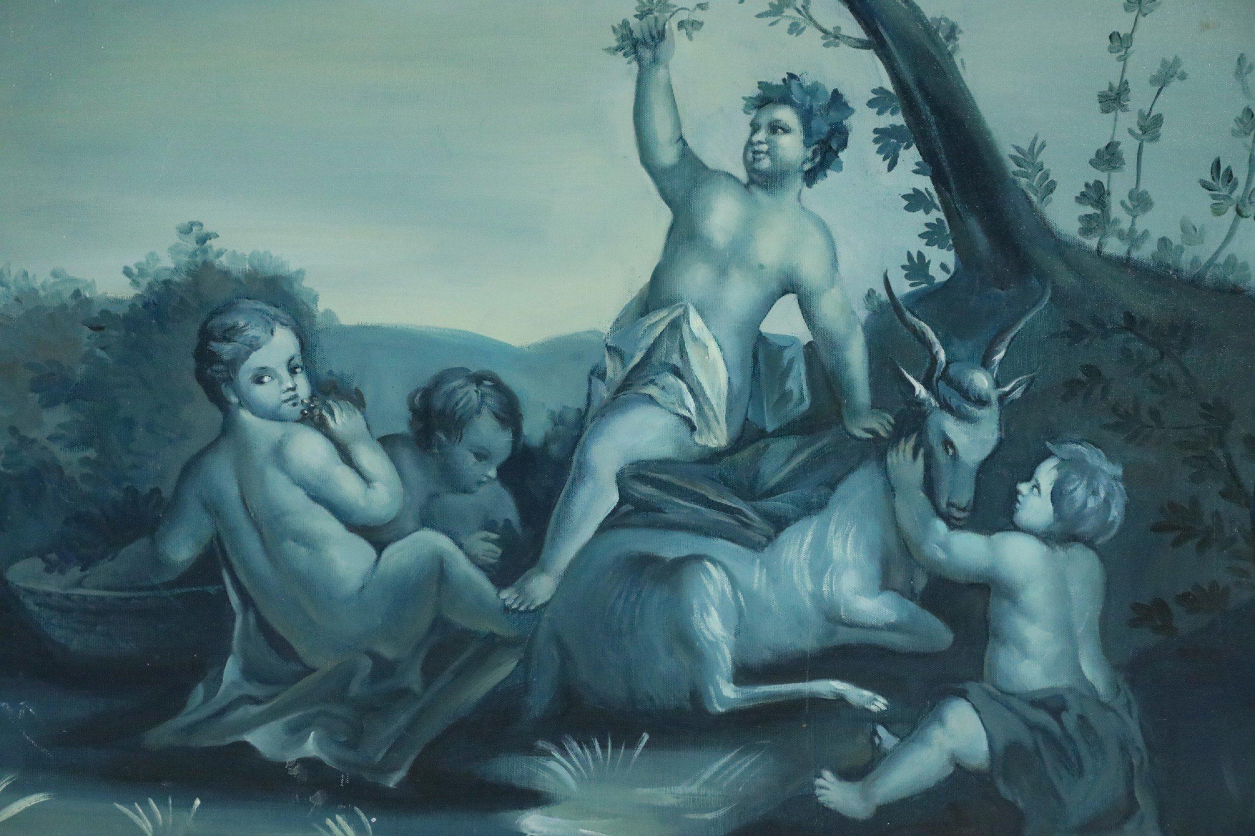 Neoclassical Cherub Gathering in Blue Print For Sale