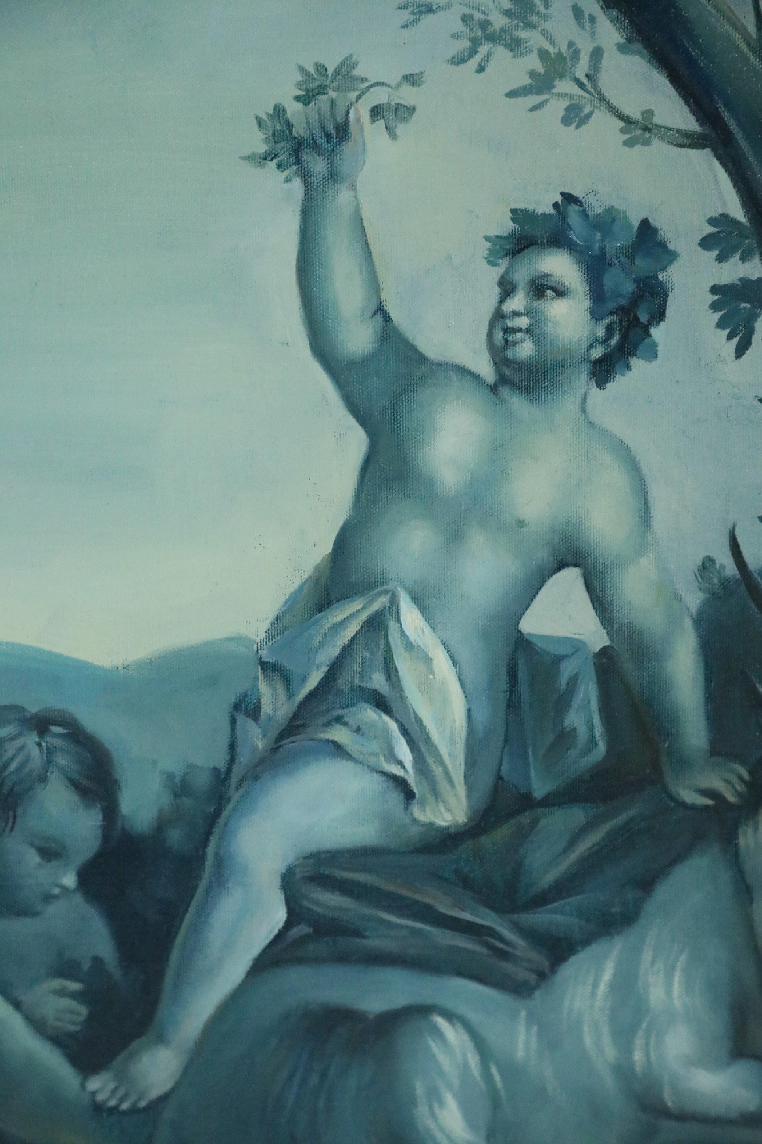 Italian Cherub Gathering in Blue Print For Sale