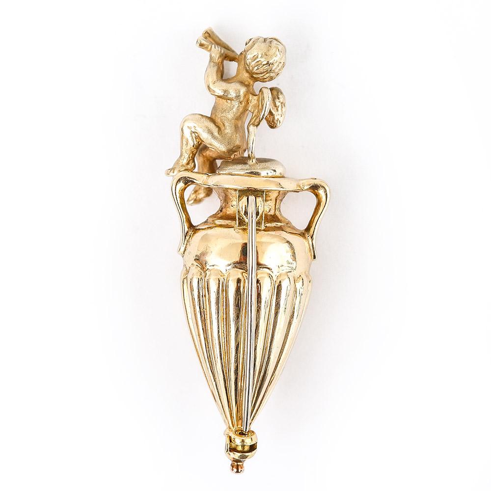 Modern Cherub on a Diamond Set Urn Brooch Perfume Holder 14 Karat Yellow Gold, 1980s