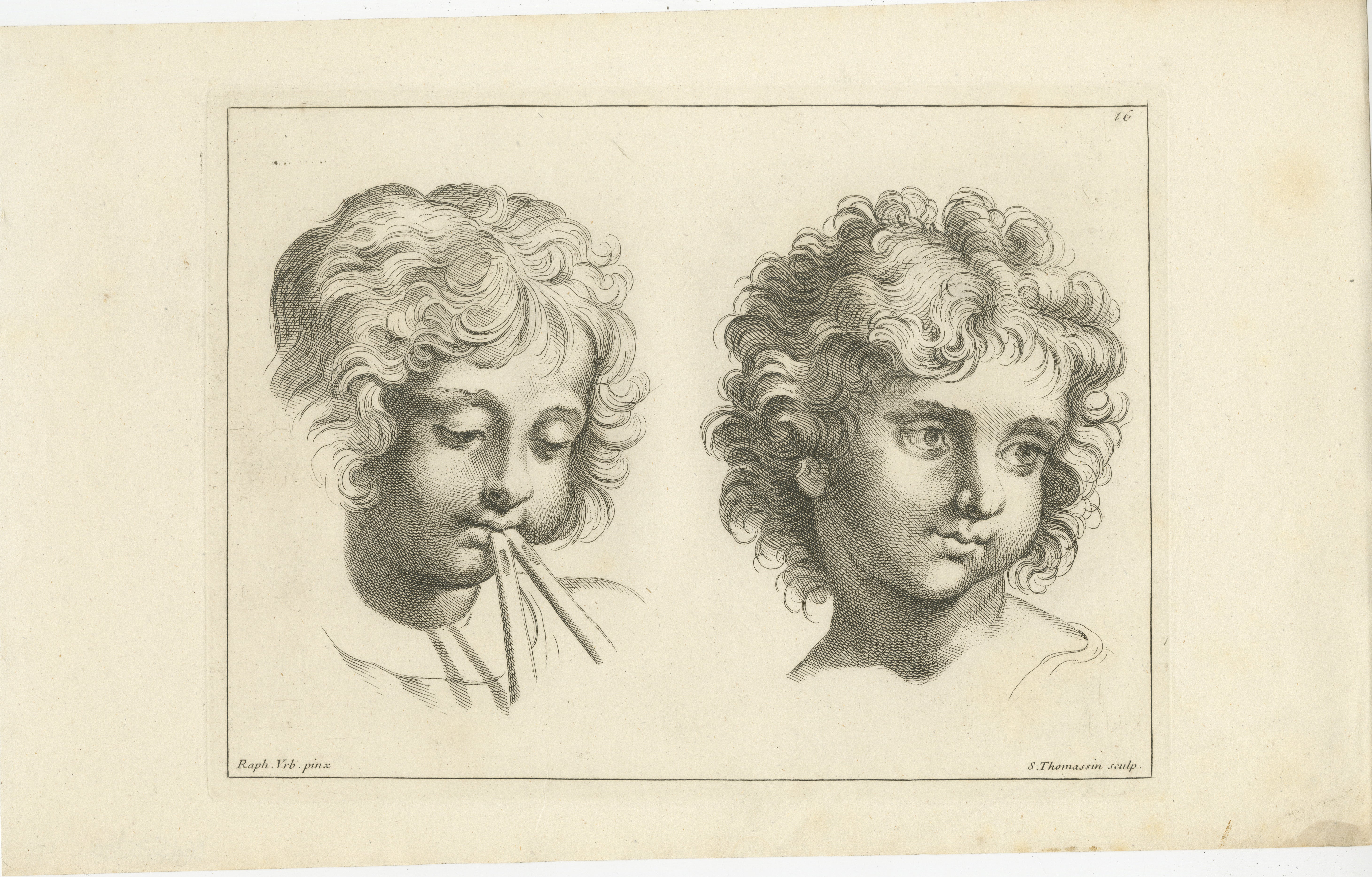 The engraving features two cherubic faces, each blowing an object that is not fully visible, which may be a wind instrument, giving life to an unseen melody. The cherubs, with their rounded cheeks and curly hair, are depicted with a mastery of line