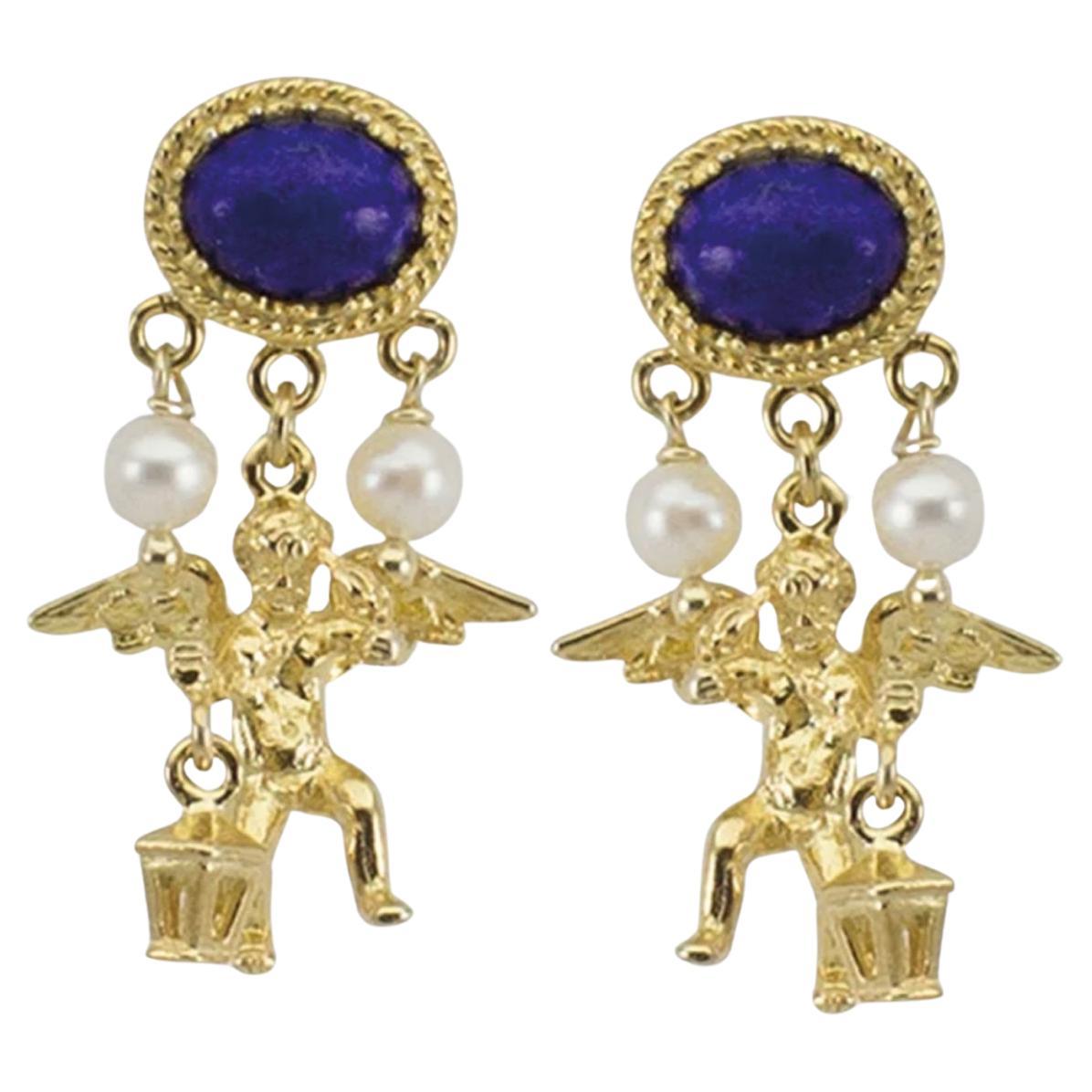 Cherubini Gold Vermeil Lapis And Pearl Earrings