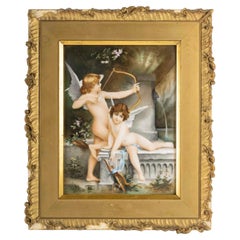 Cherubs by the Fountain, a French Framed Hand Painted Porcelain Plaque, 1901