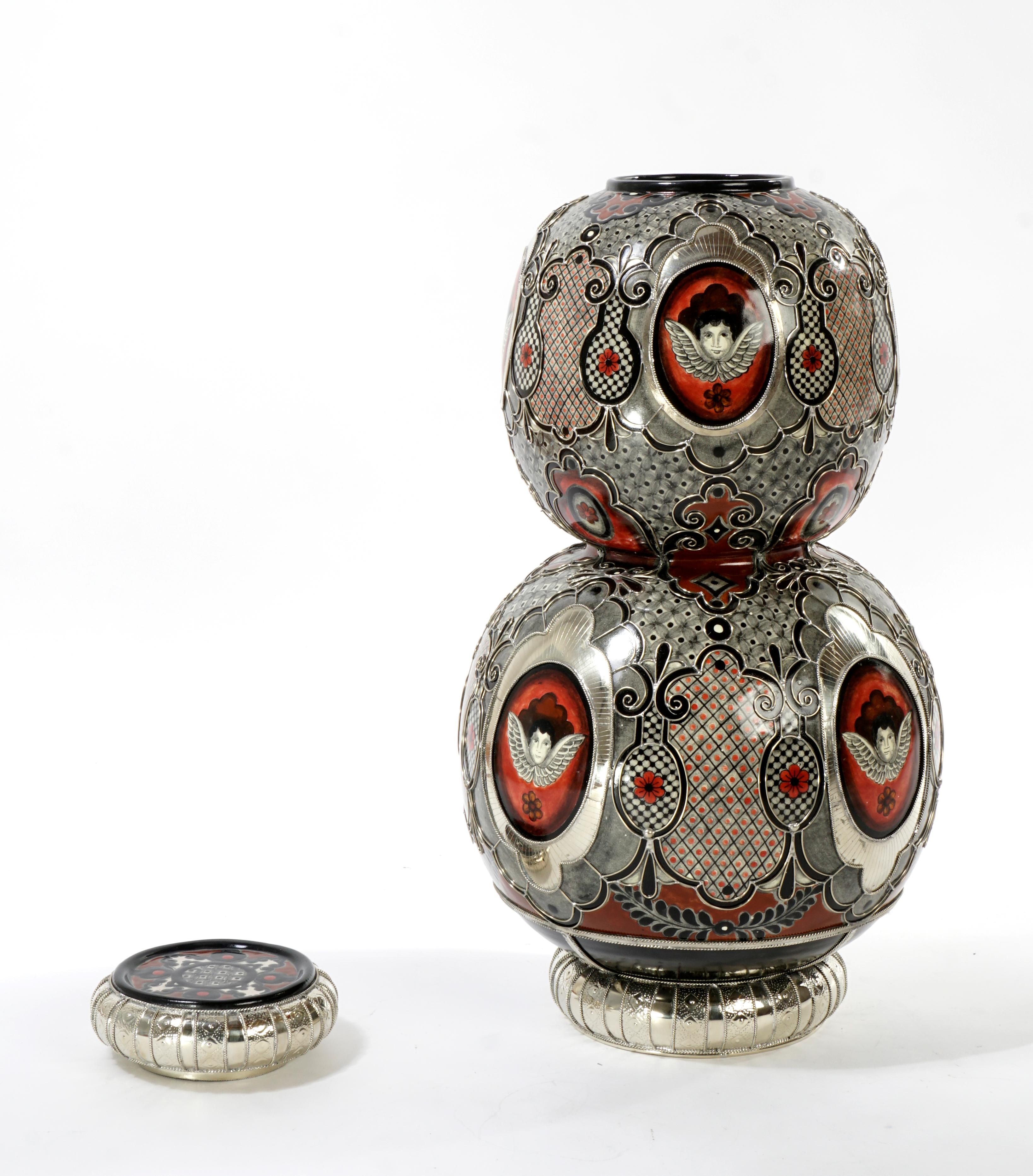 Cherubs Jar Ceramic and White Metal ‘Alpaca’, One of a Kind 2