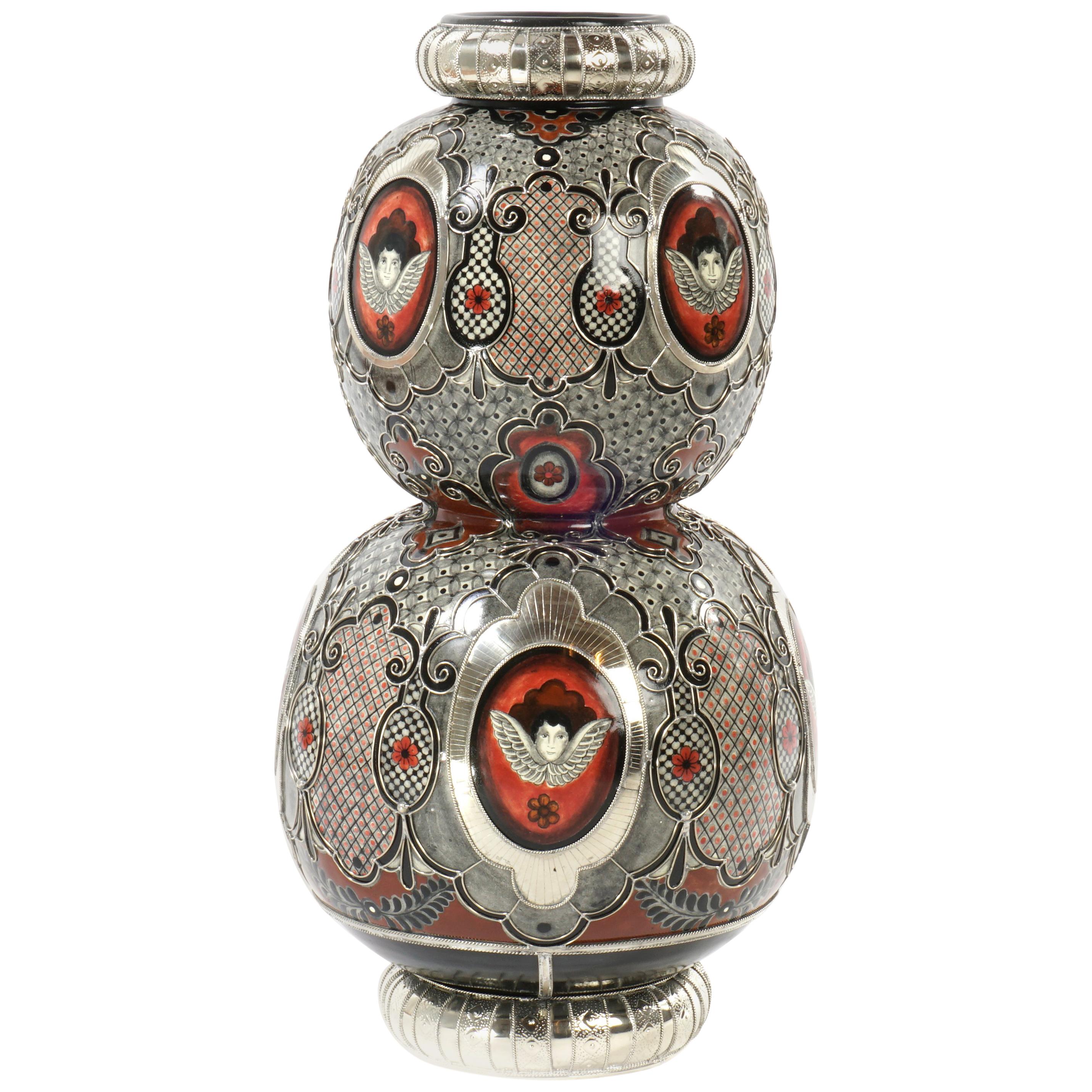 Cherubs Jar Ceramic and White Metal ‘Alpaca’, One of a Kind