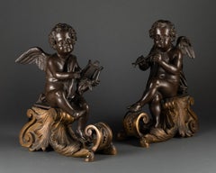 Cherubs musicians : Pair of Andirons, patinated and gilt bronze - 19th century