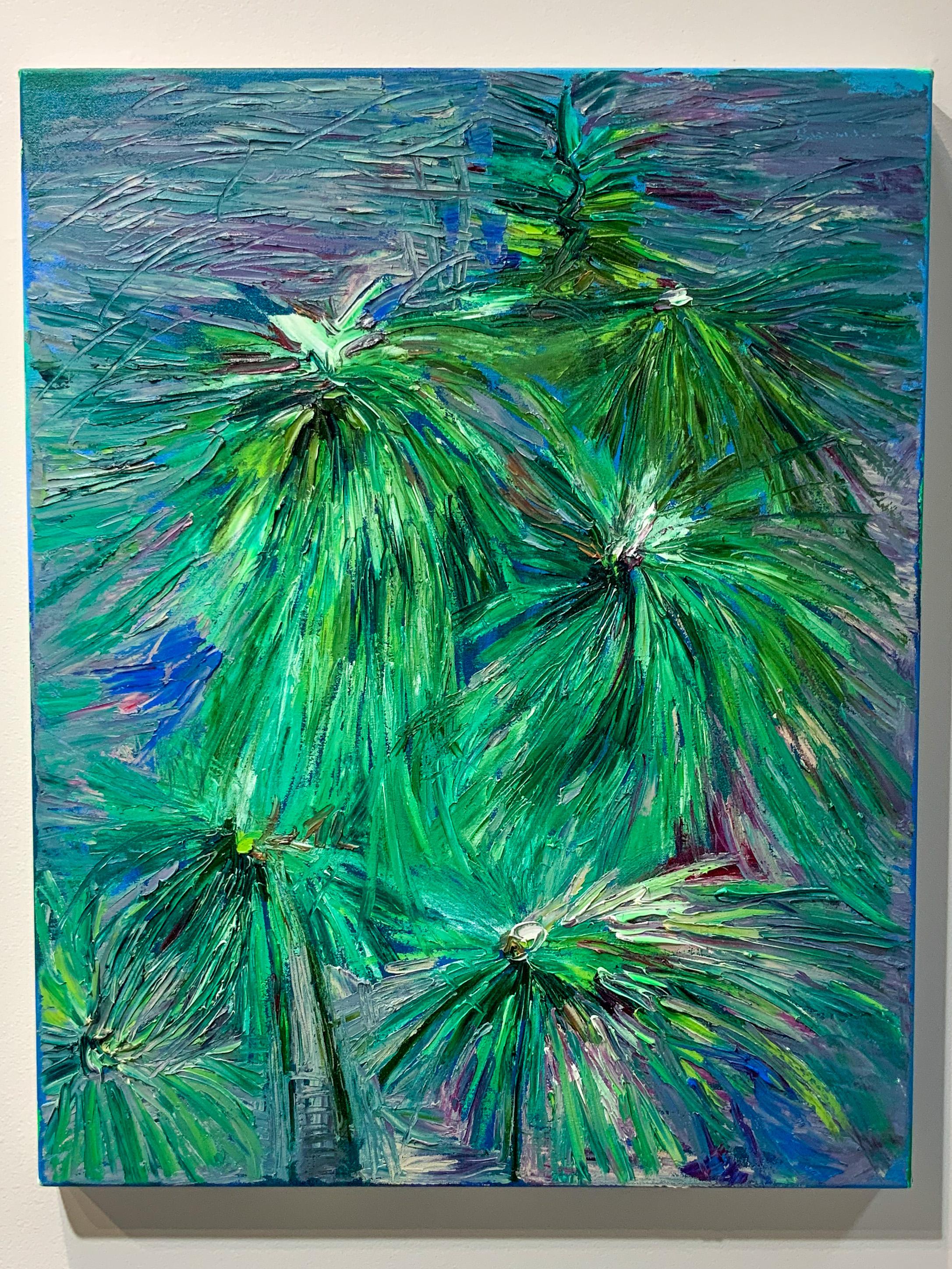 Like many of her works, Cheryl Chapman's Nettle is breezy and pleasant. Her use of lush kelly greens are reminiscent of lily pads floating in a true blue pond on a spring day. The abstract technique Chapman continues in this piece creates texture