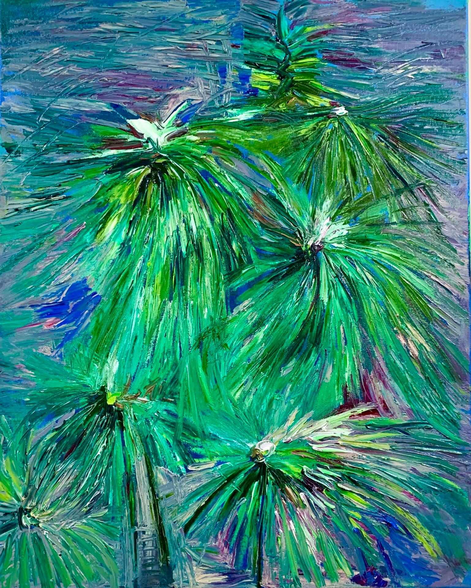 Cheryl Chapman Abstract Painting - Nettle- Green and Blue Cool Tone Abstract Floral Oil Painting on Canvas