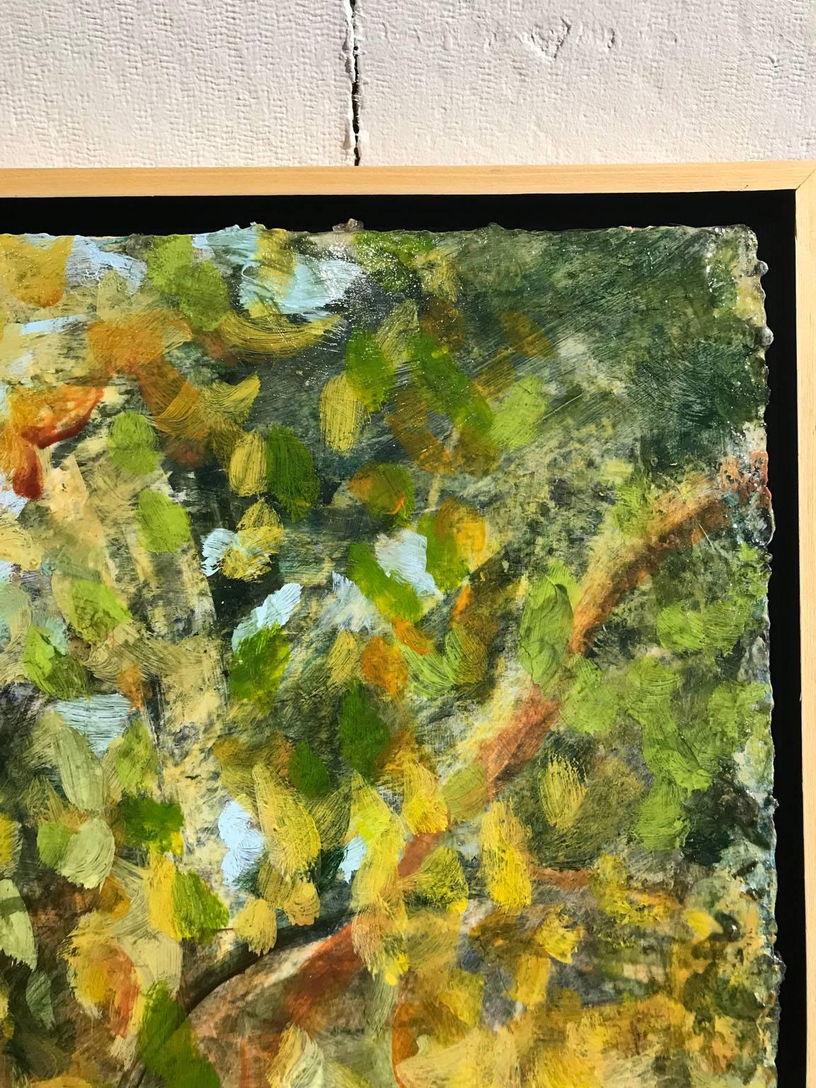 « All Changing », peinture abstraite, automne, vert, or, bleu, acrylique - Marron Abstract Painting par Cheryl Clinton