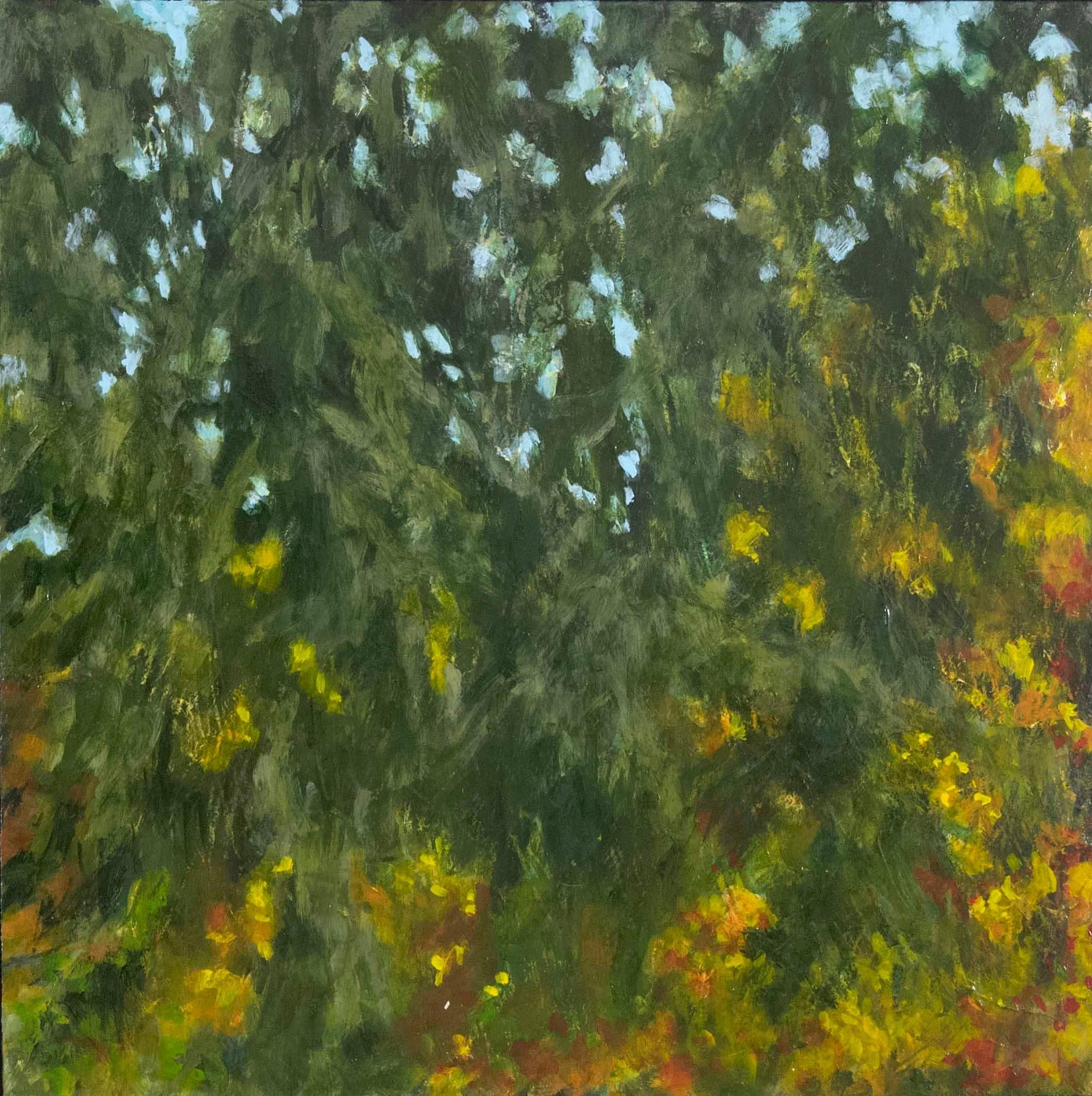 Abstract Painting Cheryl Clinton - "Impossible Blue 2", peinture abstraite, paysage, vert-de-gris, rouge, acrylique
