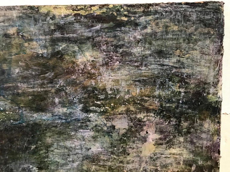 C. Clinton's acrylic painting 'Stepping Back to Go Forward', is a 40 x 30 inch abstract painting in the deep greens, blues and earth tones of a densely shaded forest. From Clinton's 'Intuitive Navigation' series, this body of work is a developing