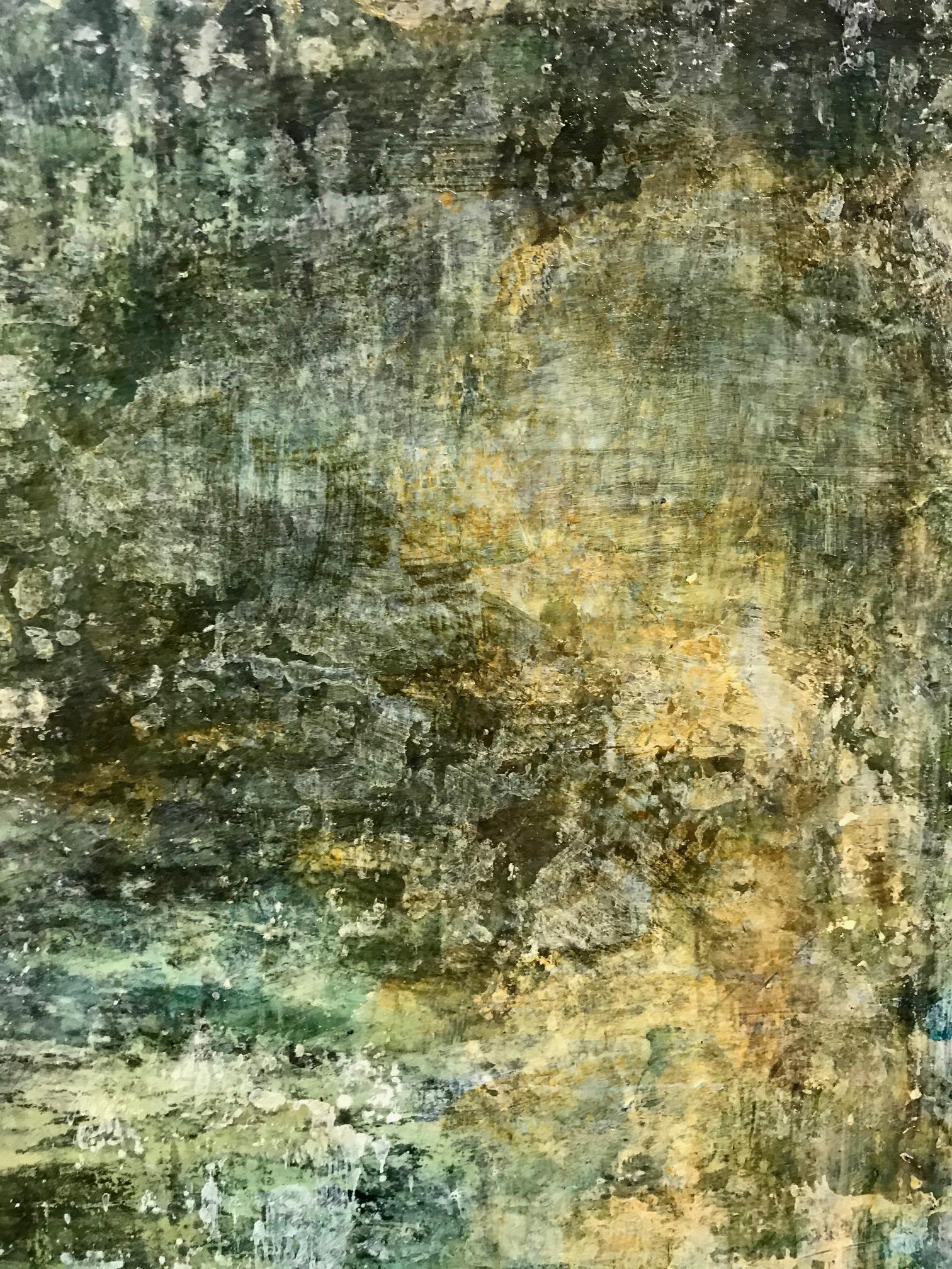 C. Clinton's acrylic painting 'Stepping Back to Go Forward', is a 40 x 30 inch abstract painting in the deep greens, blues and earth tones of a densely shaded forest. From Clinton's 'Intuitive Navigation' series, this body of work is a developing