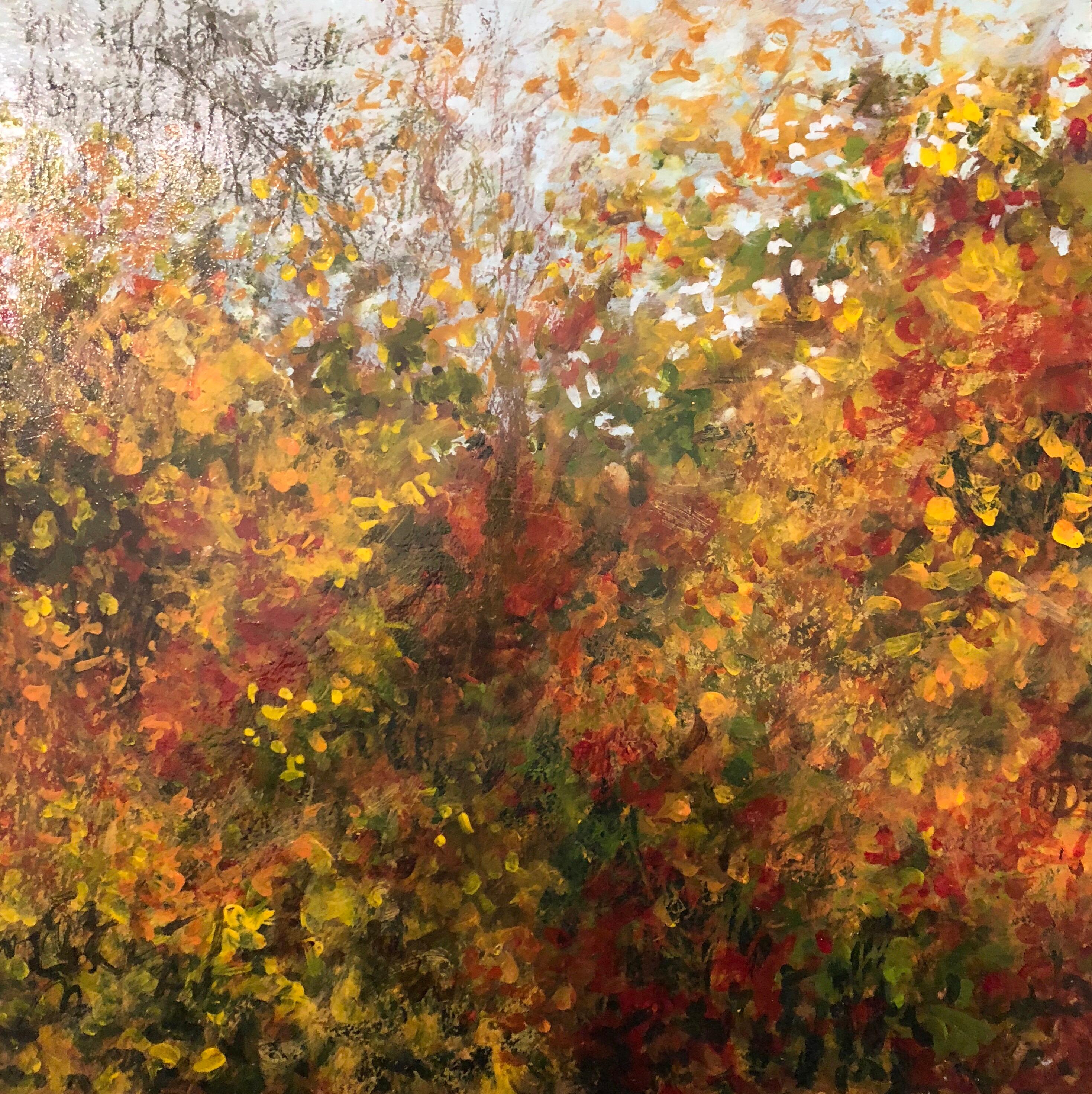 Cheryl Clinton Abstract Painting - "Tree Light Series Fall 3", acrylic, painting, autumn, leaves, reds, golds