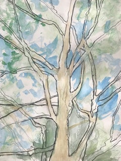 "Tree Study Spring", acrylic, charcoal, painting, contemporary, landscape, green