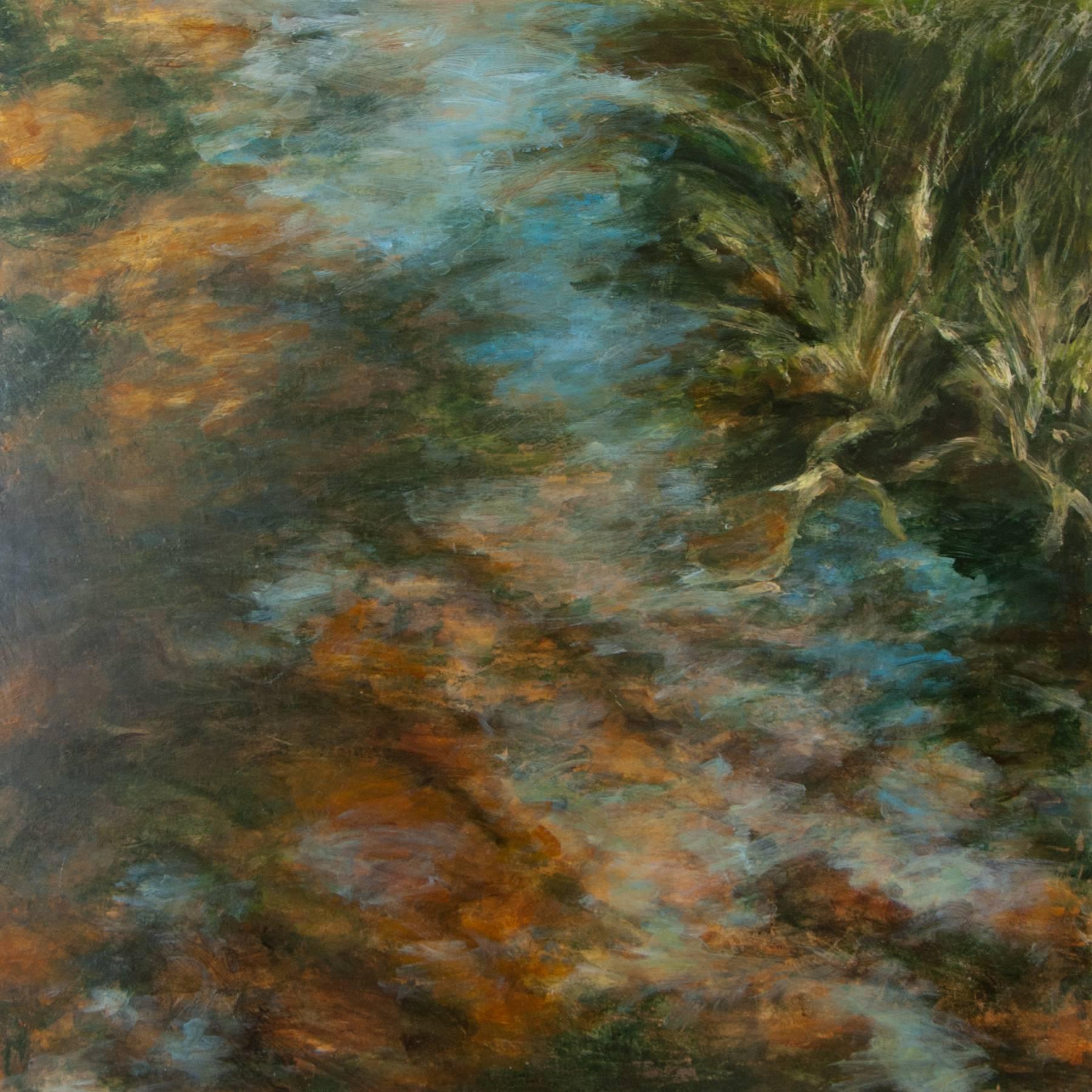 "Woodland Water 2", zeitgenössisch, Landschaft, Braun, Acrylmalerei