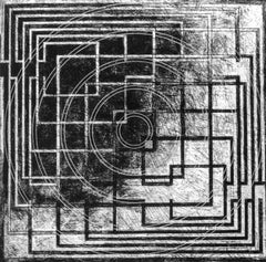 "Convey", abstract, geometric etching print, architectural influence, grays.