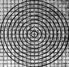 Gauge, geometric abstract black, white etching, aquatint print, target, circle.