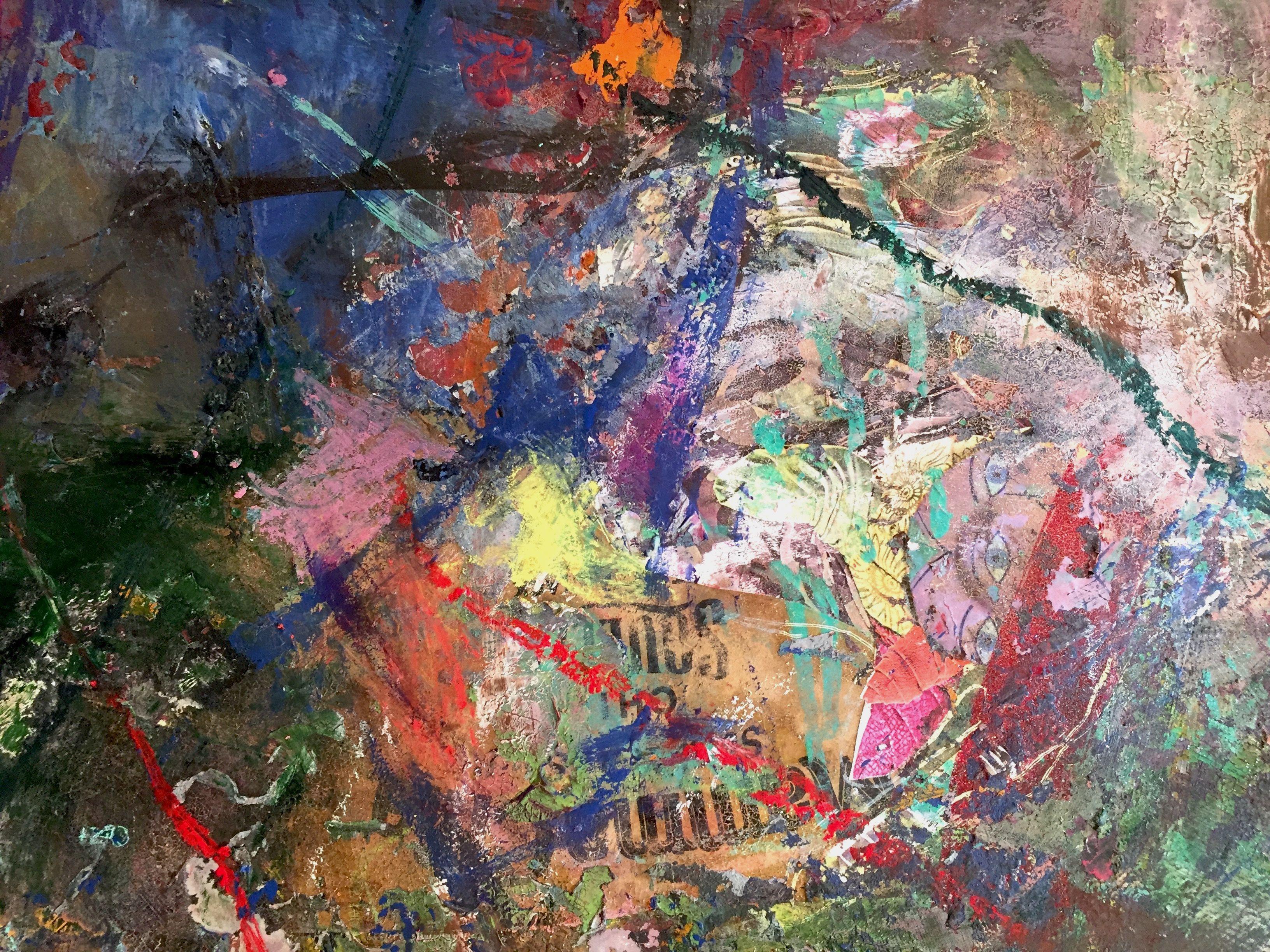Oh My Goodness-Sheep Collage è una tecnica mista a base di energia, olio, acrilico, pastello a olio, un insieme di elementi interessanti che si stratificano con il colore. Il colore, ovviamente, è un tema molto importante. Mi piace il modo in cui il