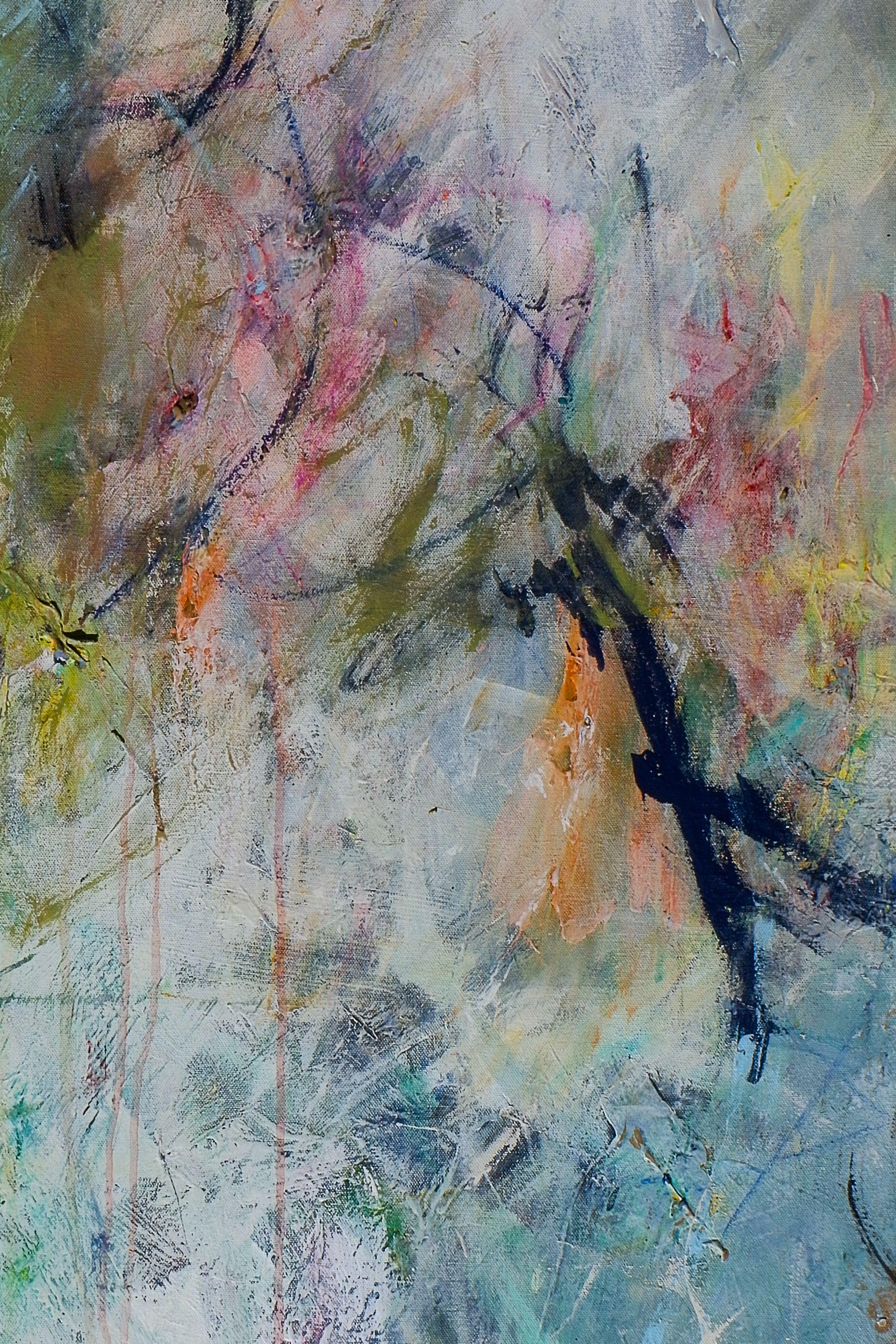 Pittura: Acrilico, lattice, pastello, grafite e cera fredda su tela.    Cheryl Johnson Artista  Eminente talento artistico con studi in North Carolina e alle Hawaii (Kauai).    Primavera - Eppure mi meraviglio  36x48x.5  Tela - Avvolgimento in