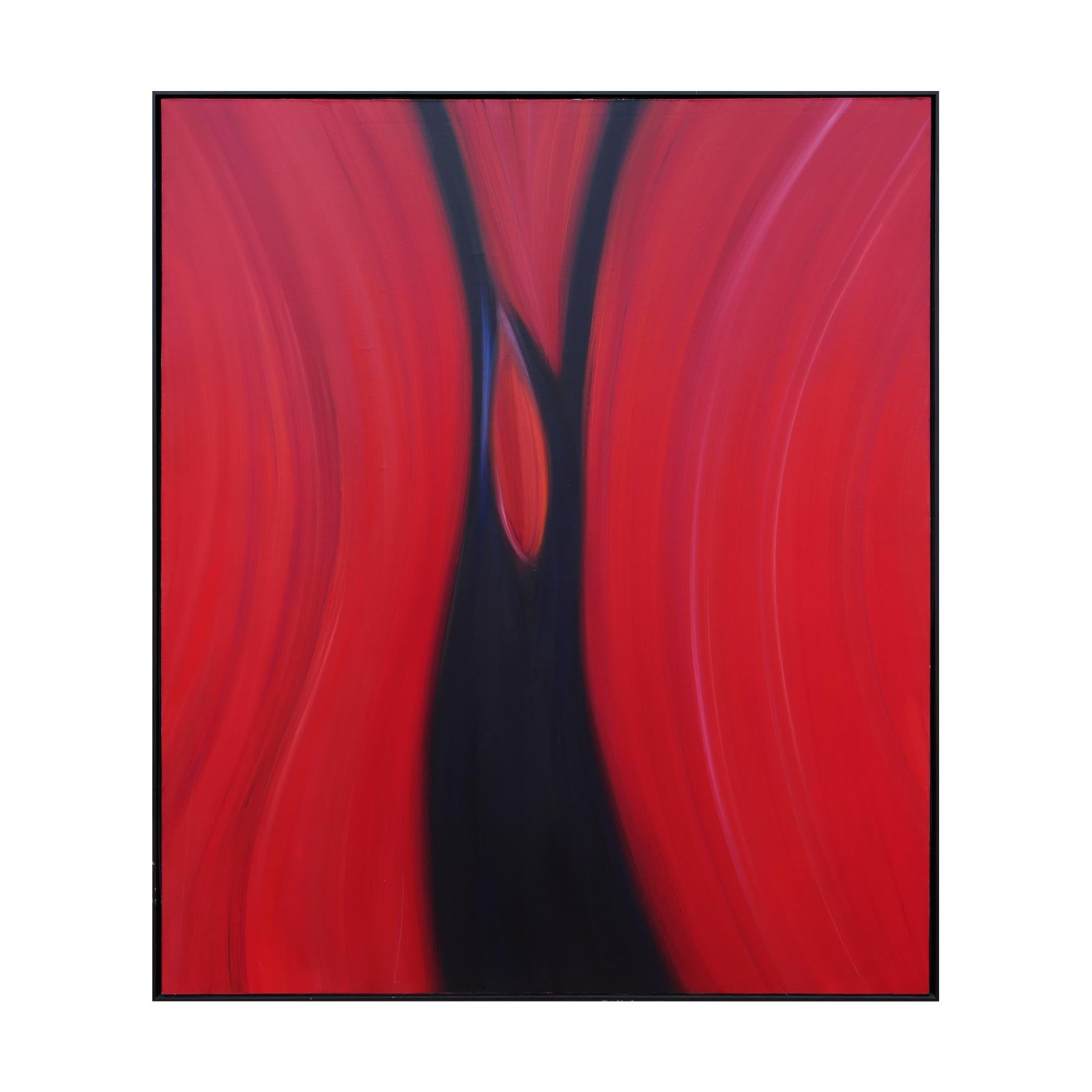 Red and black abstract contemporary painting by Santa Fe, NM artist Cheryl Kelley. This large piece depicts a flowy color-field abstract of bright reds and dark purple hues that turn into black. Unsigned. Framed in a black contemporary floating