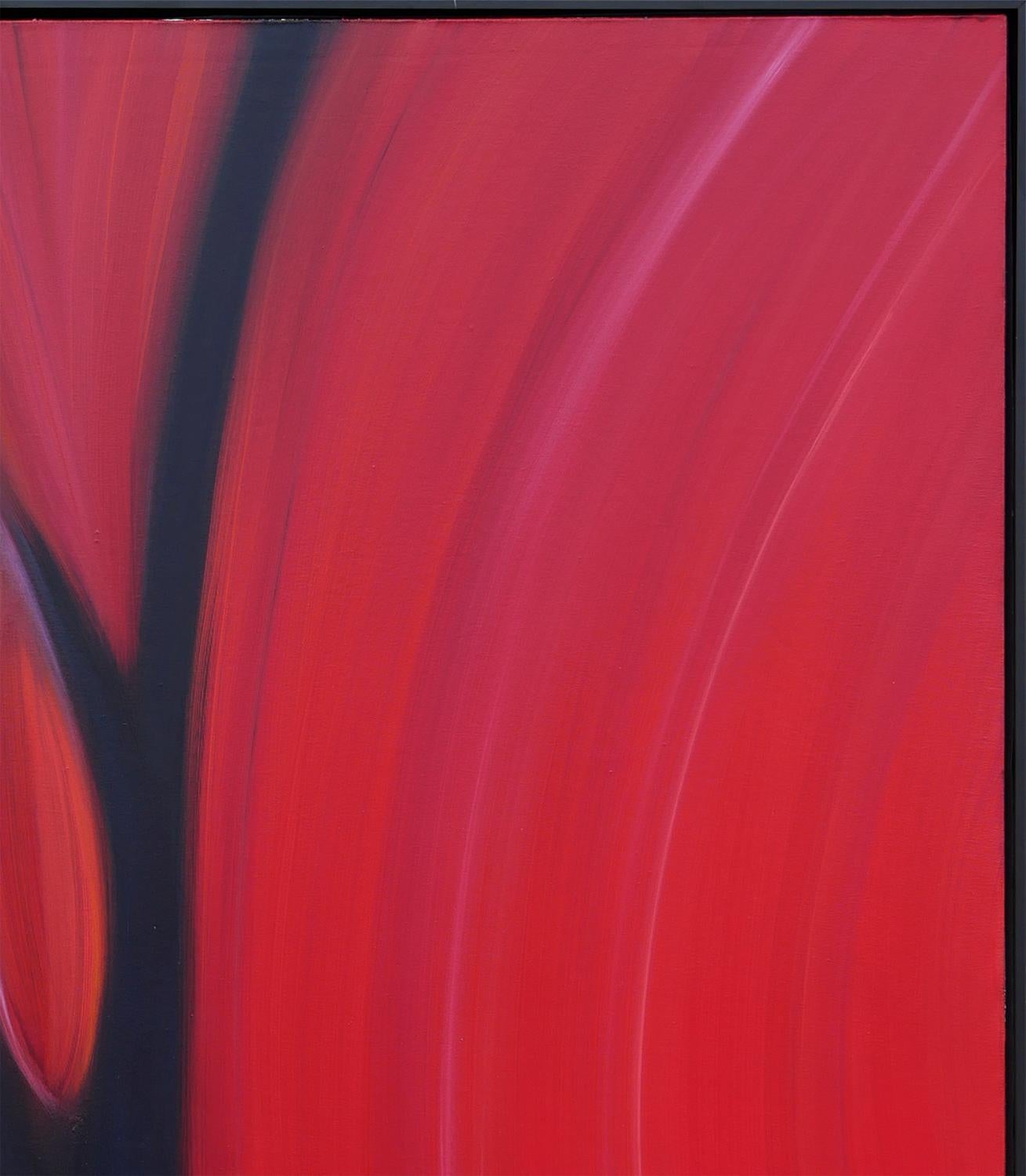 Rotes und schwarzes abstraktes zeitgenössisches Gemälde der Künstlerin Cheryl Kelley aus Santa Fe, NM. Dieses großformatige Werk zeigt ein fließendes abstraktes Farbfeld aus leuchtenden Rot- und dunklen Violetttönen, die in Schwarz übergehen. Nicht