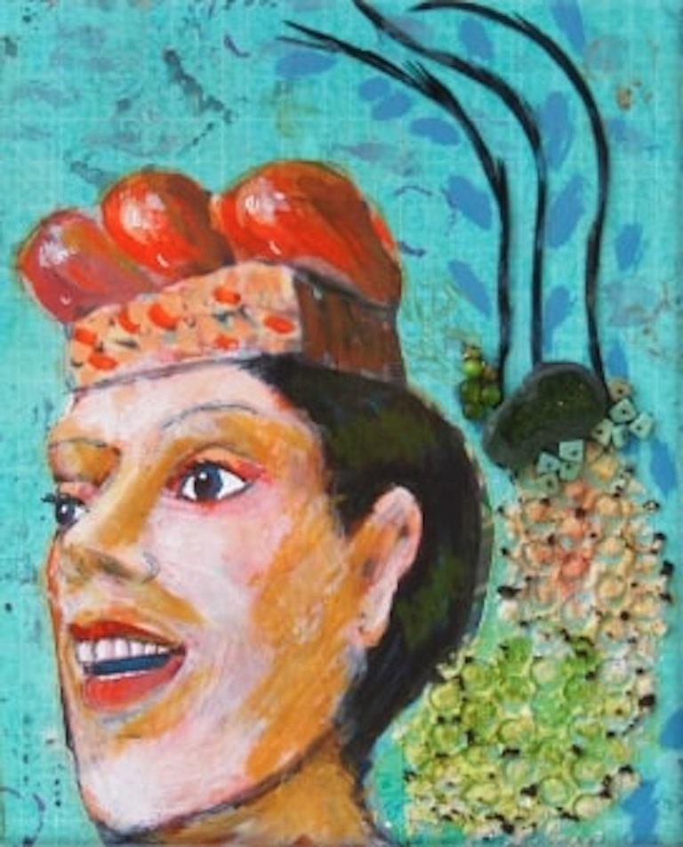 Opera d'arte surrealista in tecnica mista, "Melograni" - Mixed Media Art di Cheryl Tall
