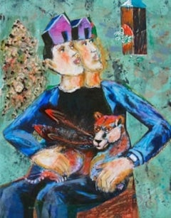Obra de arte surrealista en técnica mixta, "Dos hermanos con grifón"