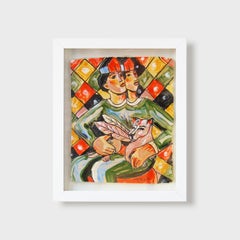 Surrealist Painting on Tile, "Harlequin Griffon"