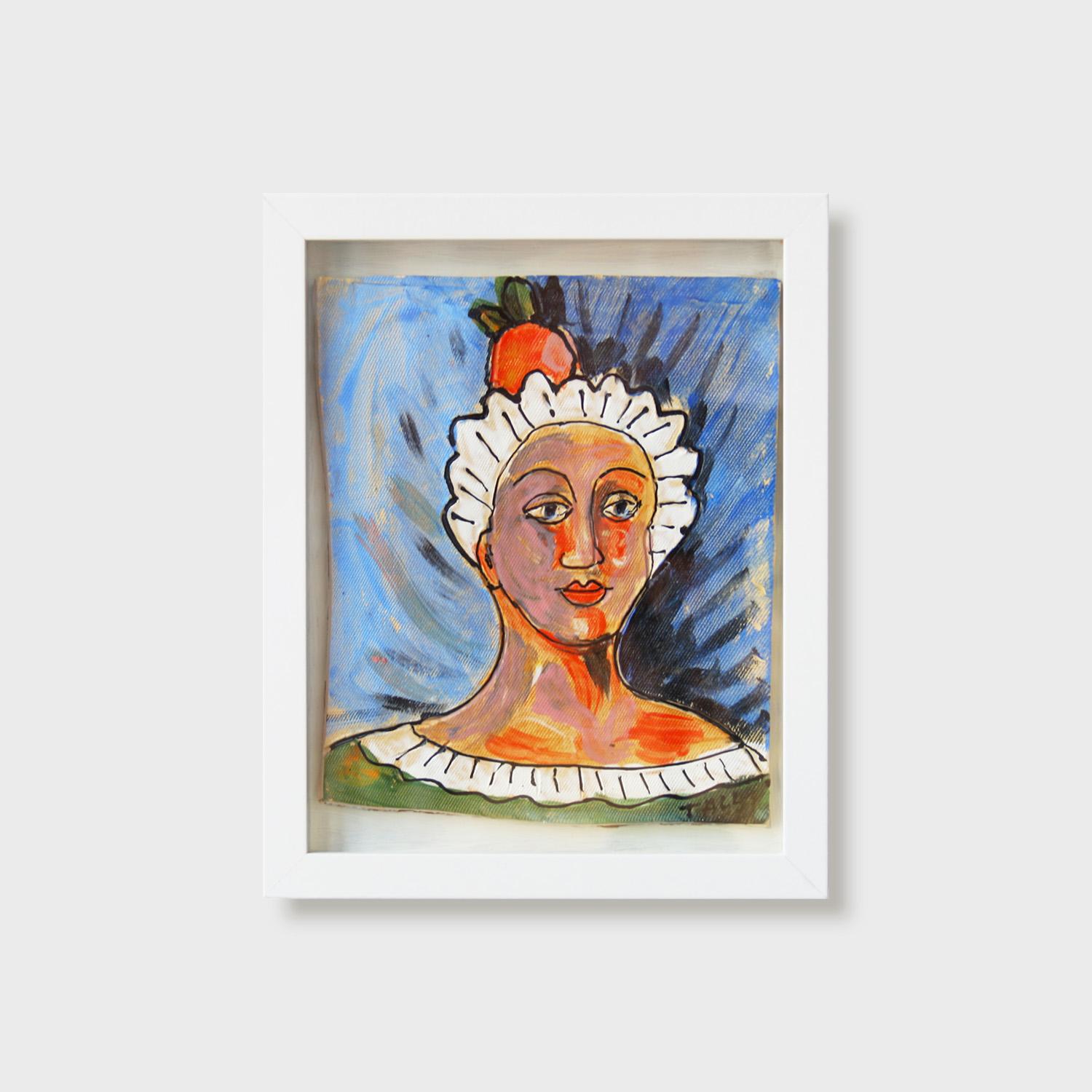 Surrealistisches Gemälde auf Kacheln, „Tangerine Zinger“ (Surrealismus), Mixed Media Art, von Cheryl Tall