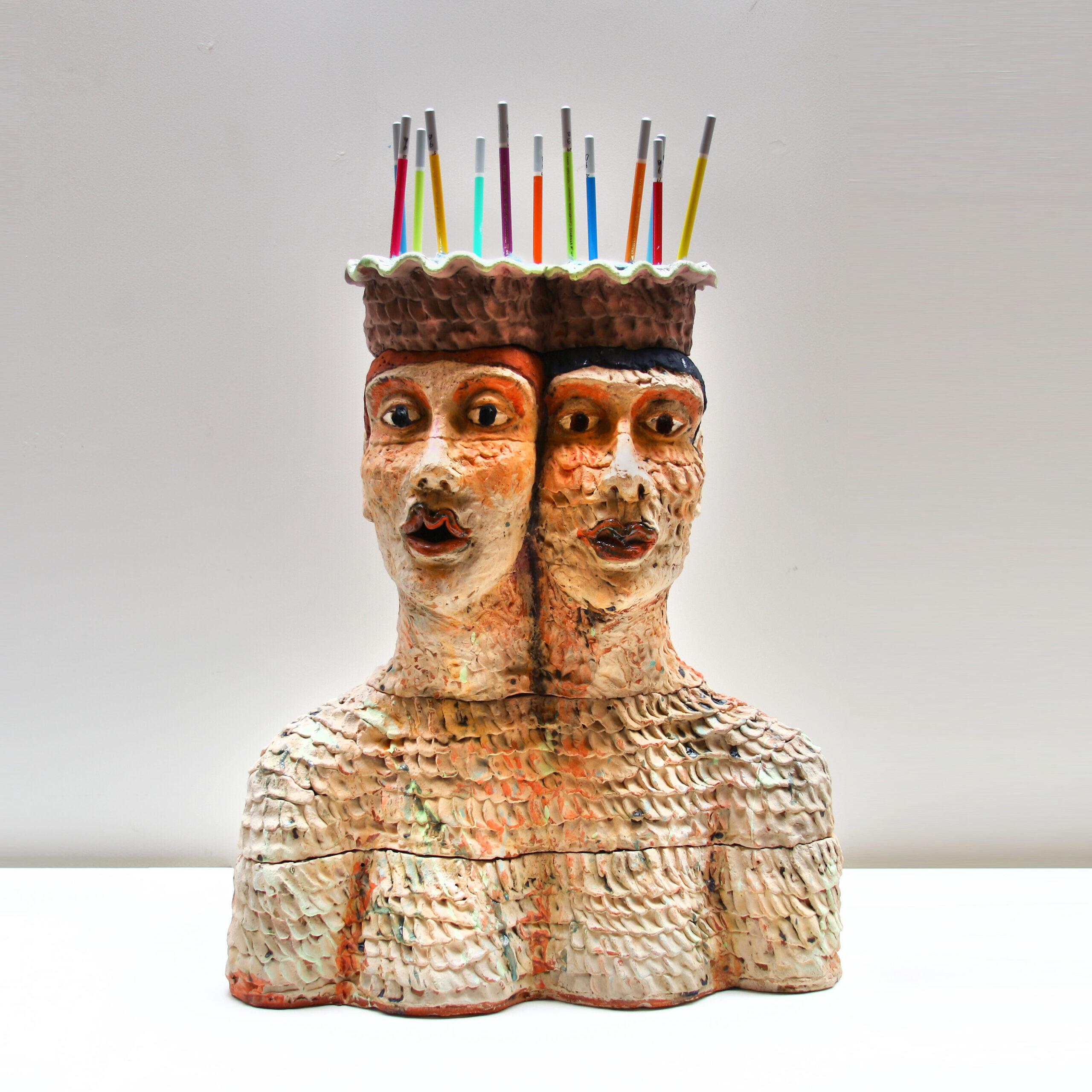 Cheryl Tall Figurative Sculpture - Surrealist Sculpture, "Zoom Birthday"