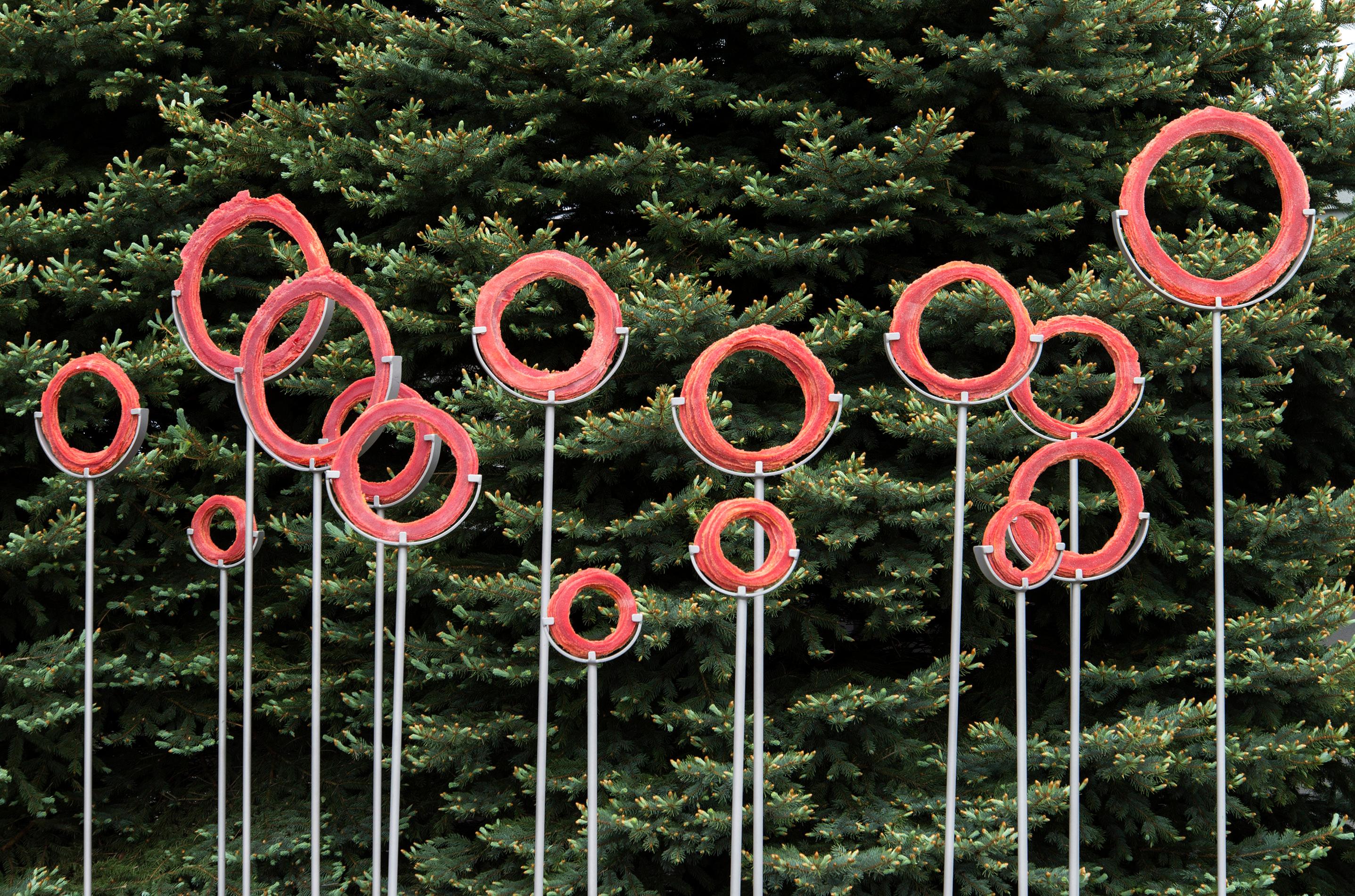 Cheryl Wilson Smith Abstract Sculpture - A Shift in Perspective - contemporary, red, glass, and steel outdoor sculpture