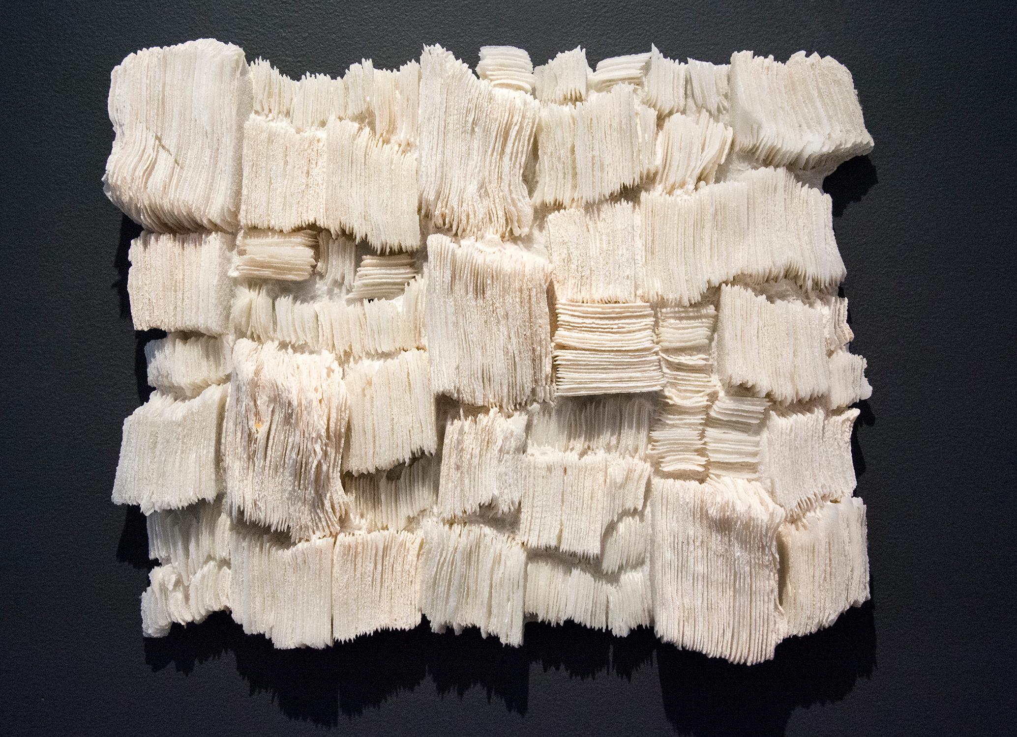 Acquiring Knowledge - white, textured, contemporary glass wall sculpture