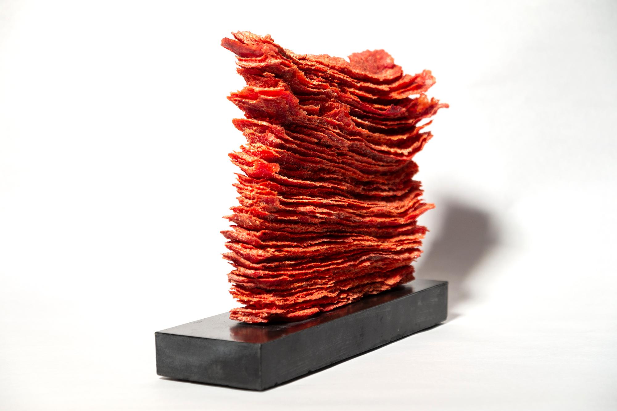 Dearg Mur 3 - contemporary, textured, layered glass, tabletop sculpture For Sale 3