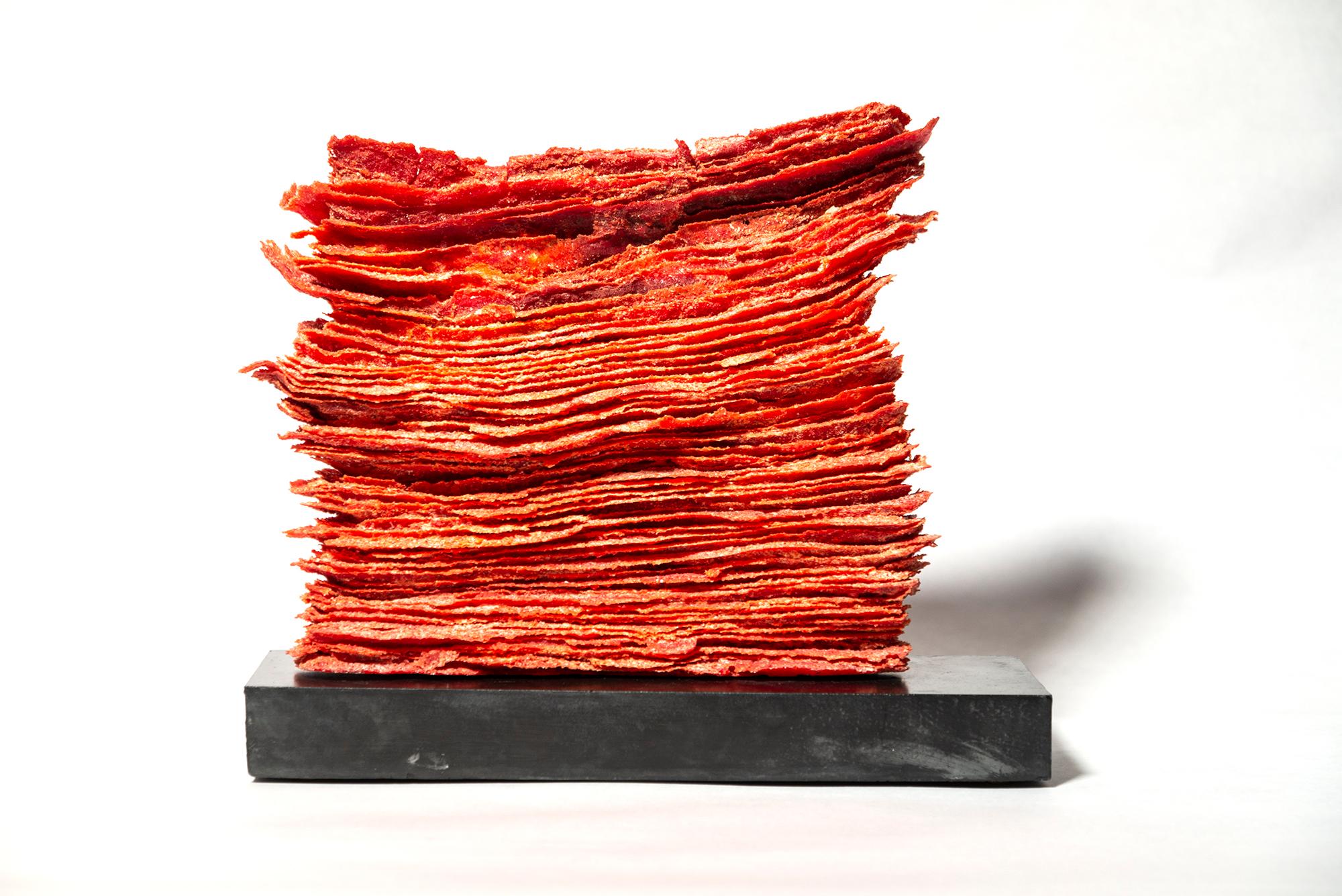 Dearg Mur 3 - contemporary, textured, layered glass, tabletop sculpture For Sale 5
