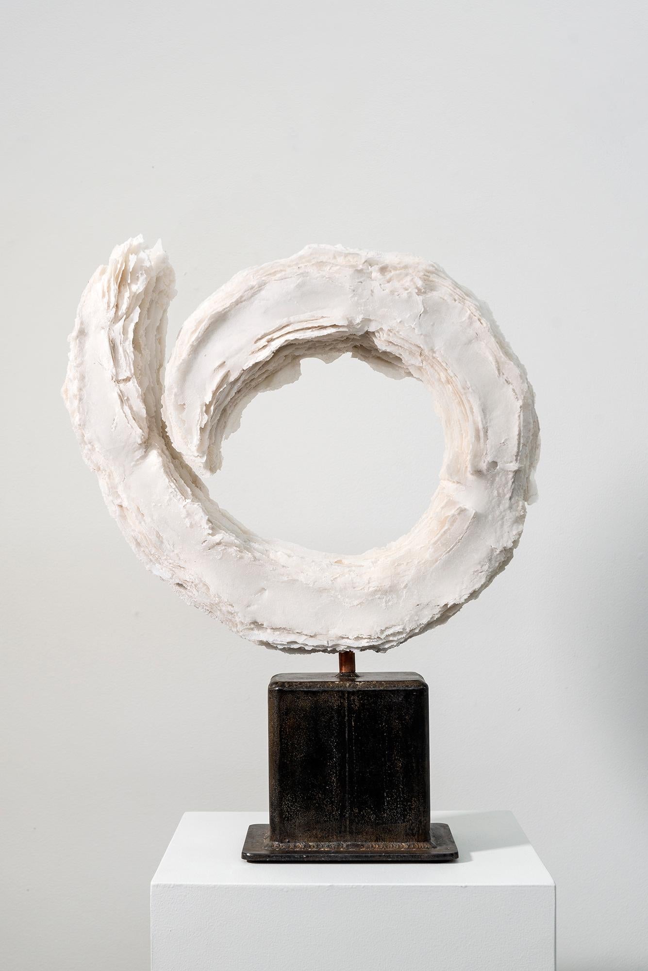 Flourish I - white, textured, abstract, modernist, layered glass frit sculpture