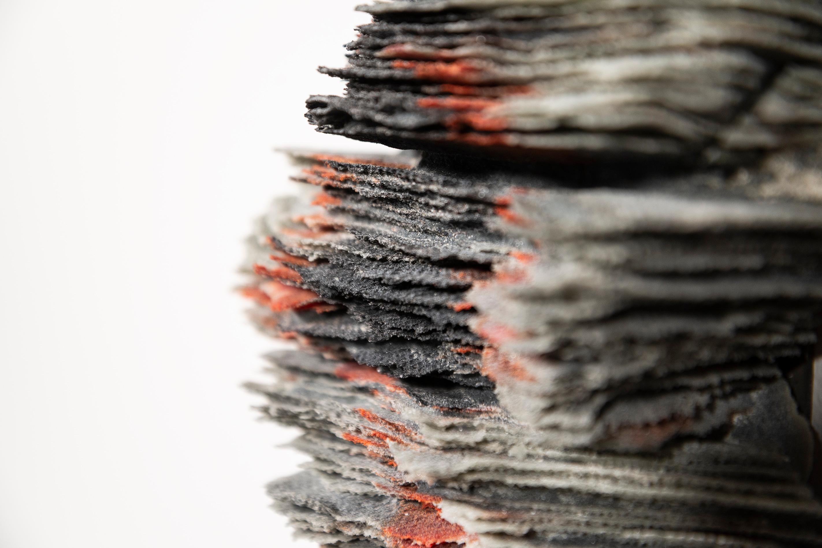 Outcrop 12 - grey, red, black, textured, layered glass, wall relief, sculpture 5