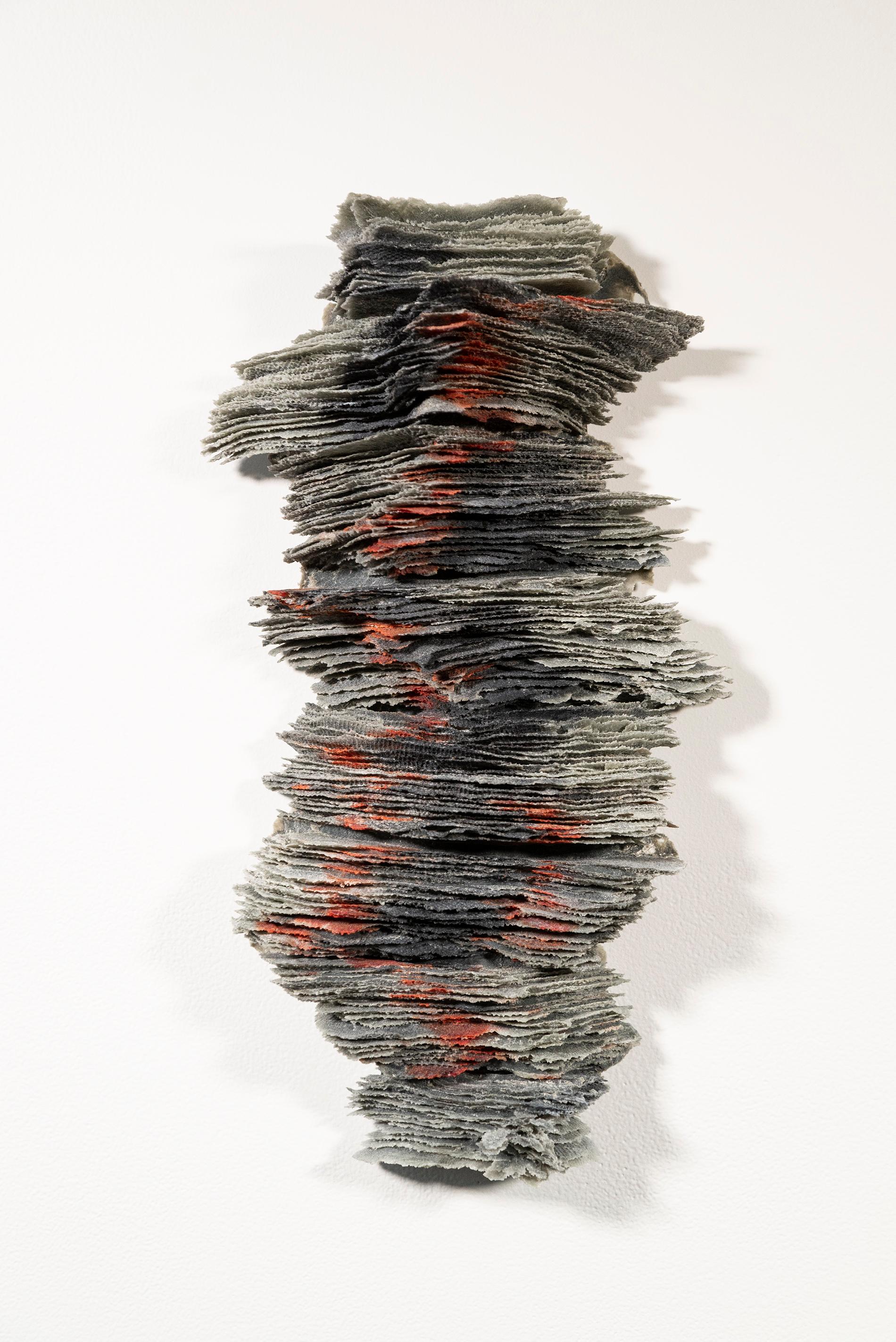 Cheryl Wilson Smith Abstract Sculpture - Outcrop 12 - grey, red, black, textured, layered glass, wall relief, sculpture